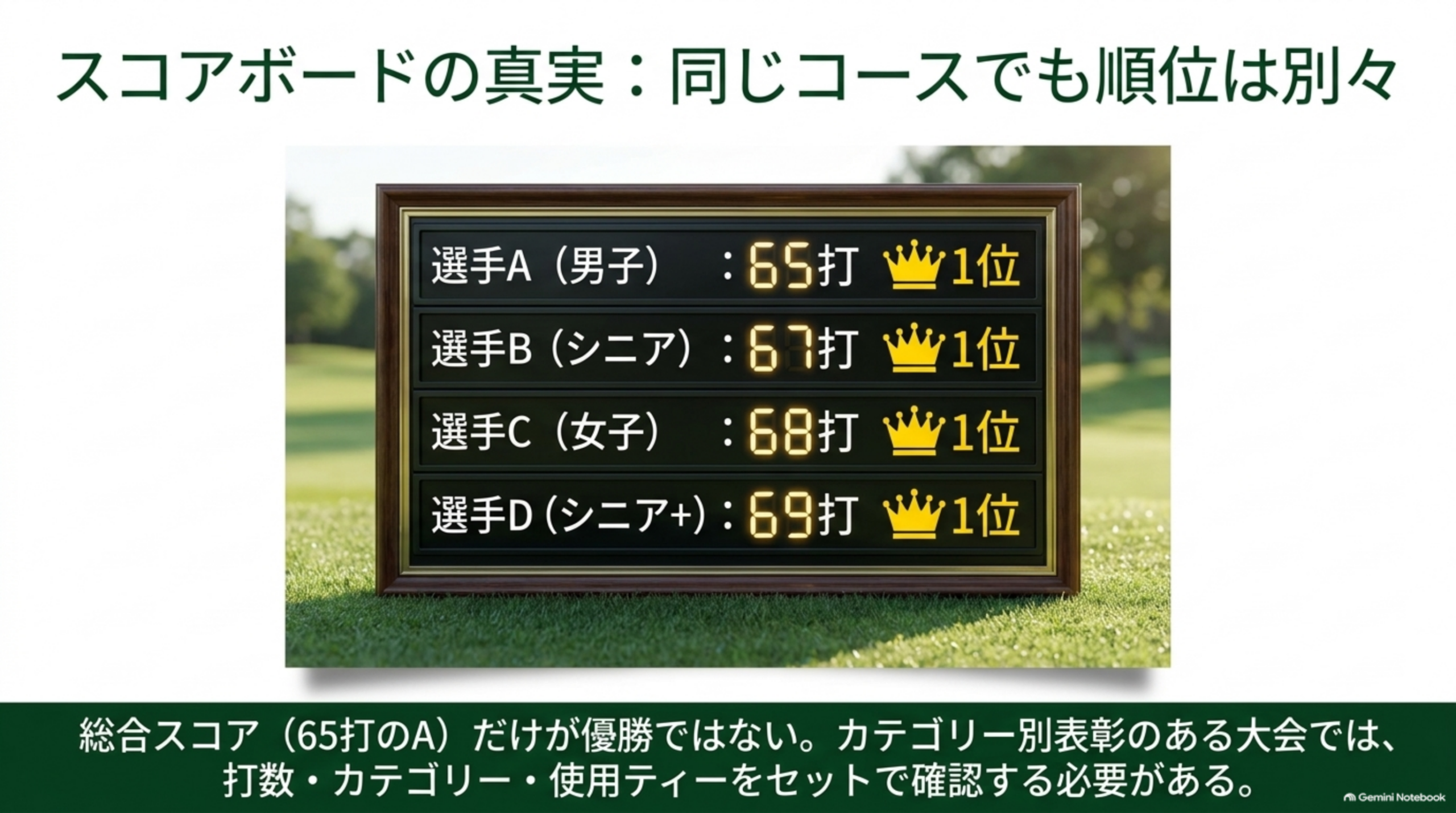 同じコースでも順位は別々。男子、シニア、女子、シニア＋の選手がそれぞれのカテゴリーで1位になる架空のスコアボード