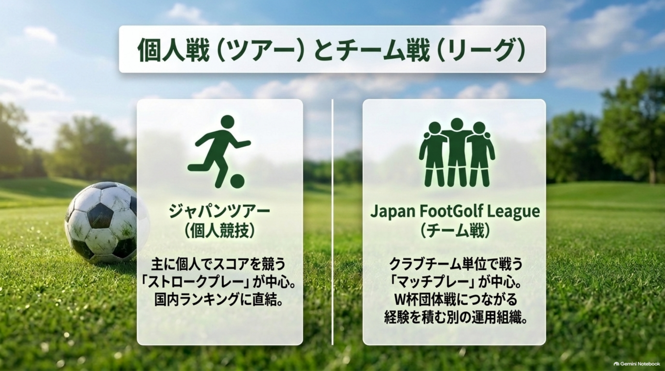 個人戦（ツアー）とチーム戦（リーグ）。ジャパンツアーは個人競技でストロークプレーが中心。Japan FootGolf Leagueはチーム戦でマッチプレーが中心