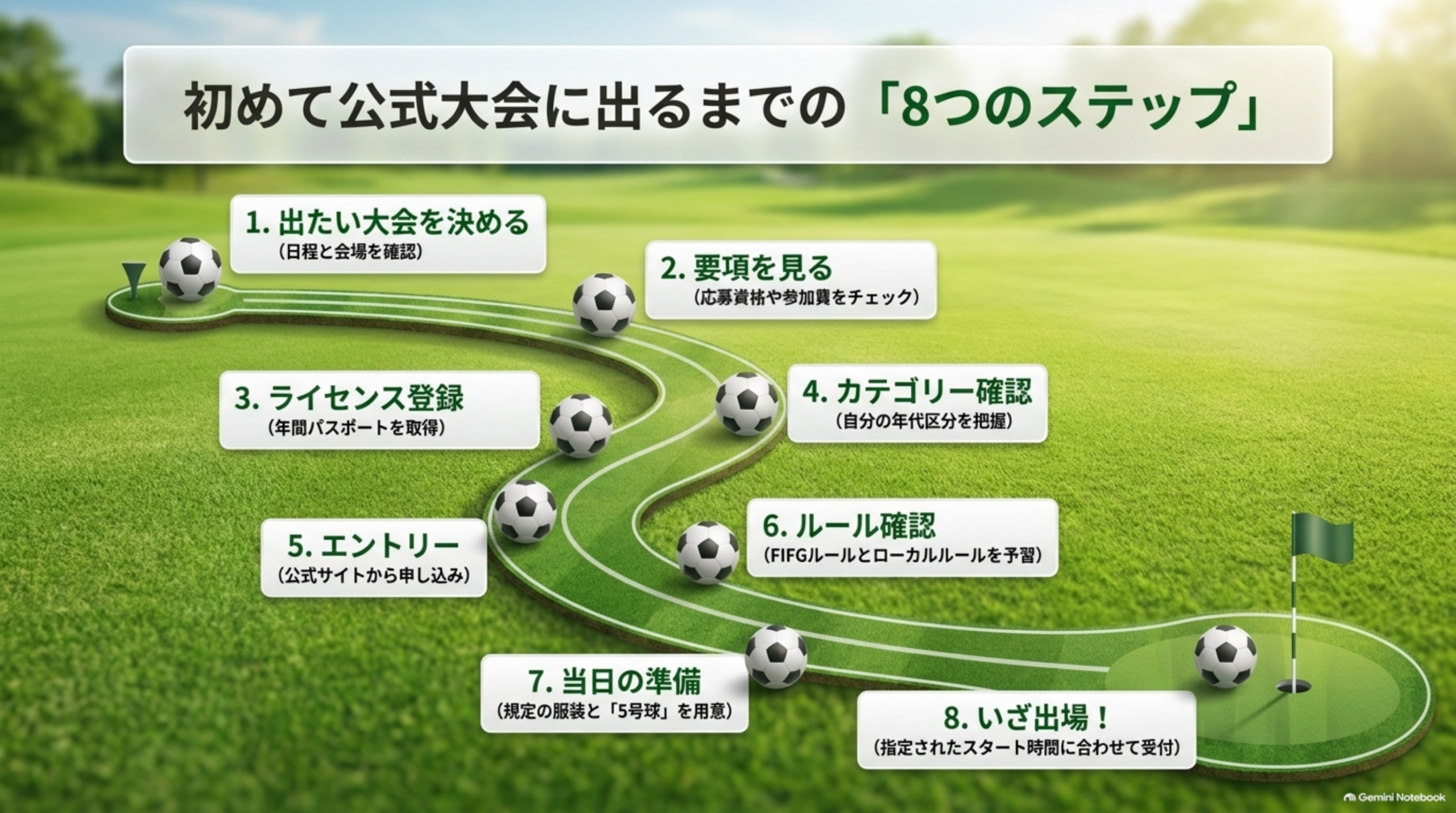 初めて公式大会に出るまでの8つのステップ。出たい大会を決める、要項を見る、ライセンス登録、カテゴリー確認、エントリー、ルール確認、当日の準備、出場