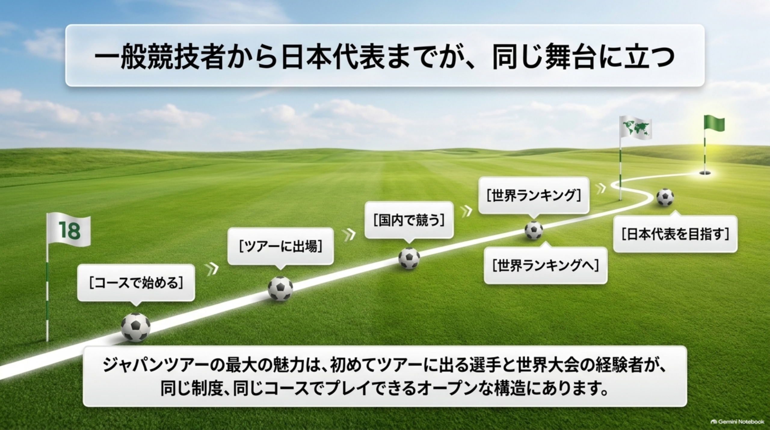 一般競技者から日本代表までが、同じ舞台に立つ。コースで始める、ツアーに出場、国内で競う、世界ランキング、日本代表を目指す、という流れの図
