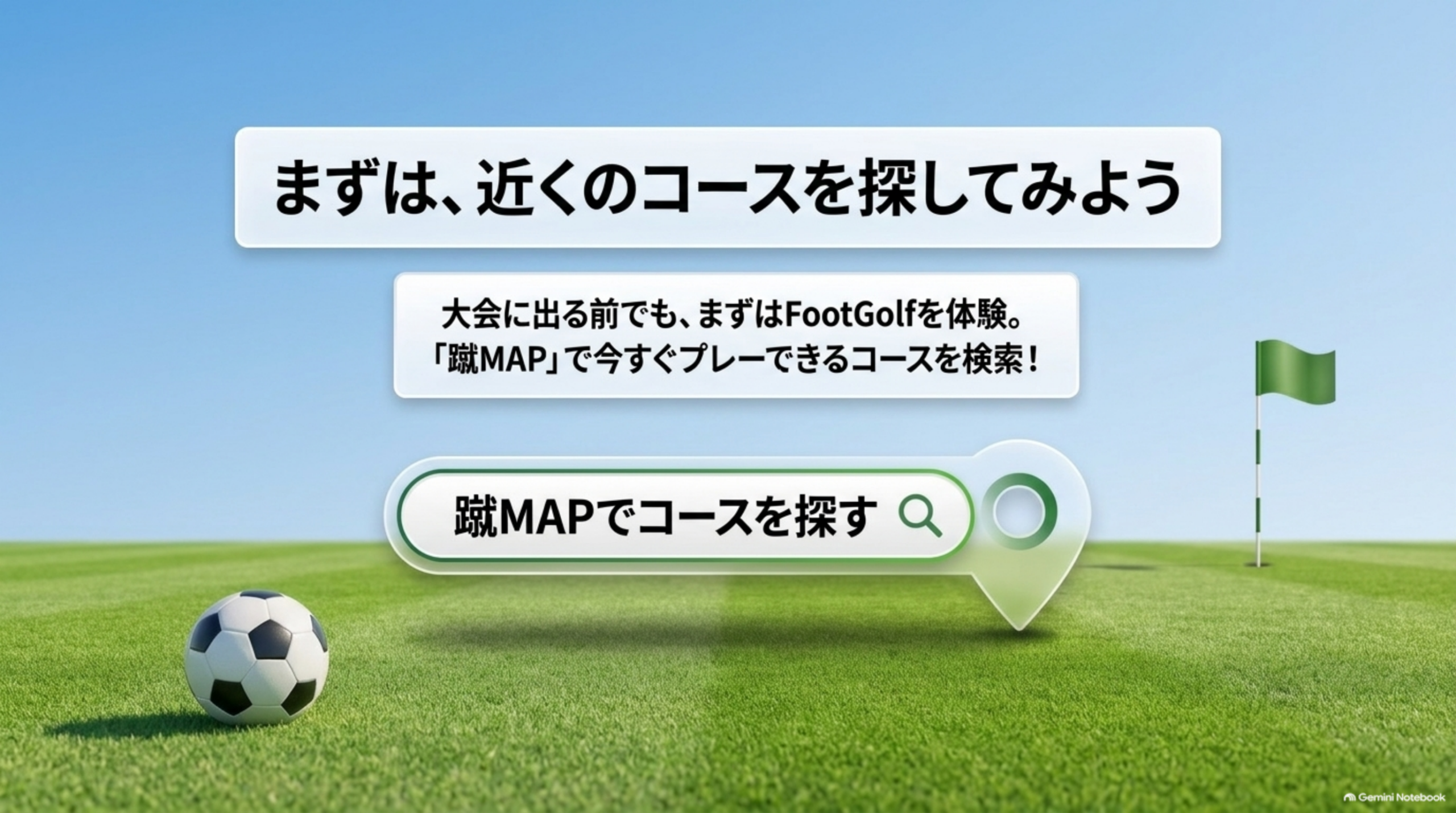 まずは、近くのコースを探してみよう。大会に出る前でも、まずはFootGolfを体験。蹴MAPでコースを探す