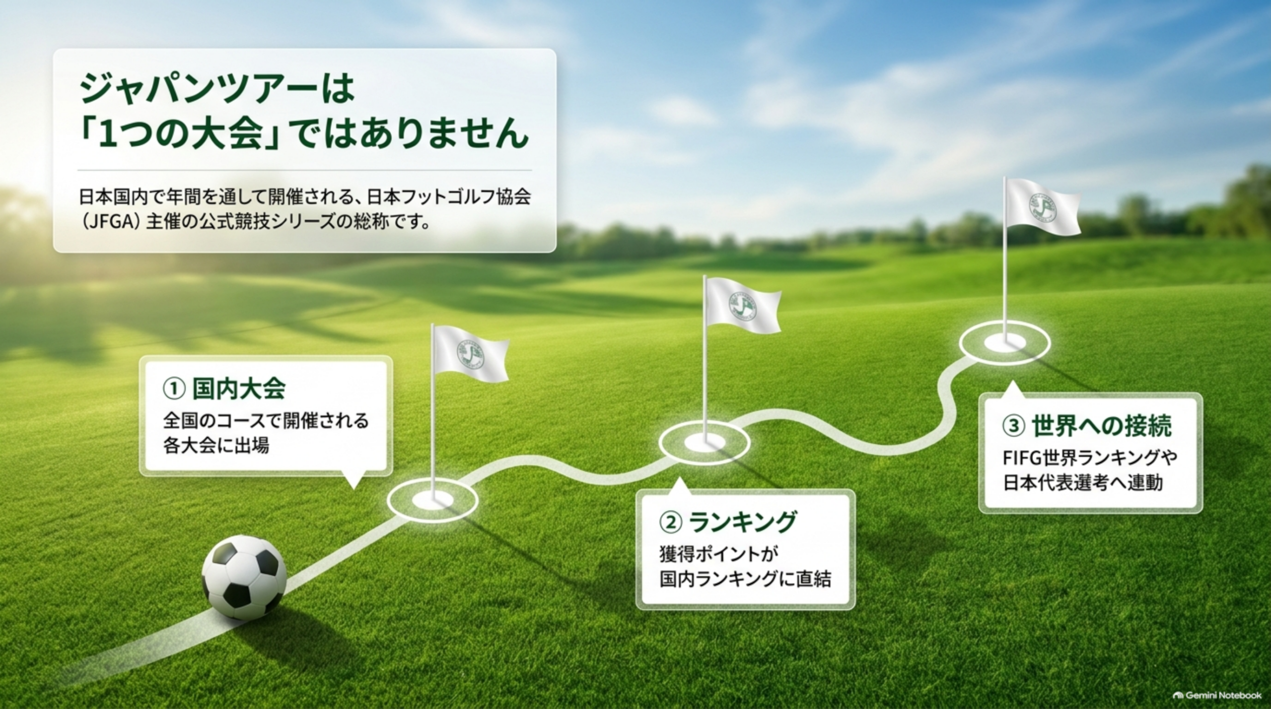 ジャパンツアーは1つの大会ではありません。国内大会、ランキング、世界への接続の3つをつなぐ図