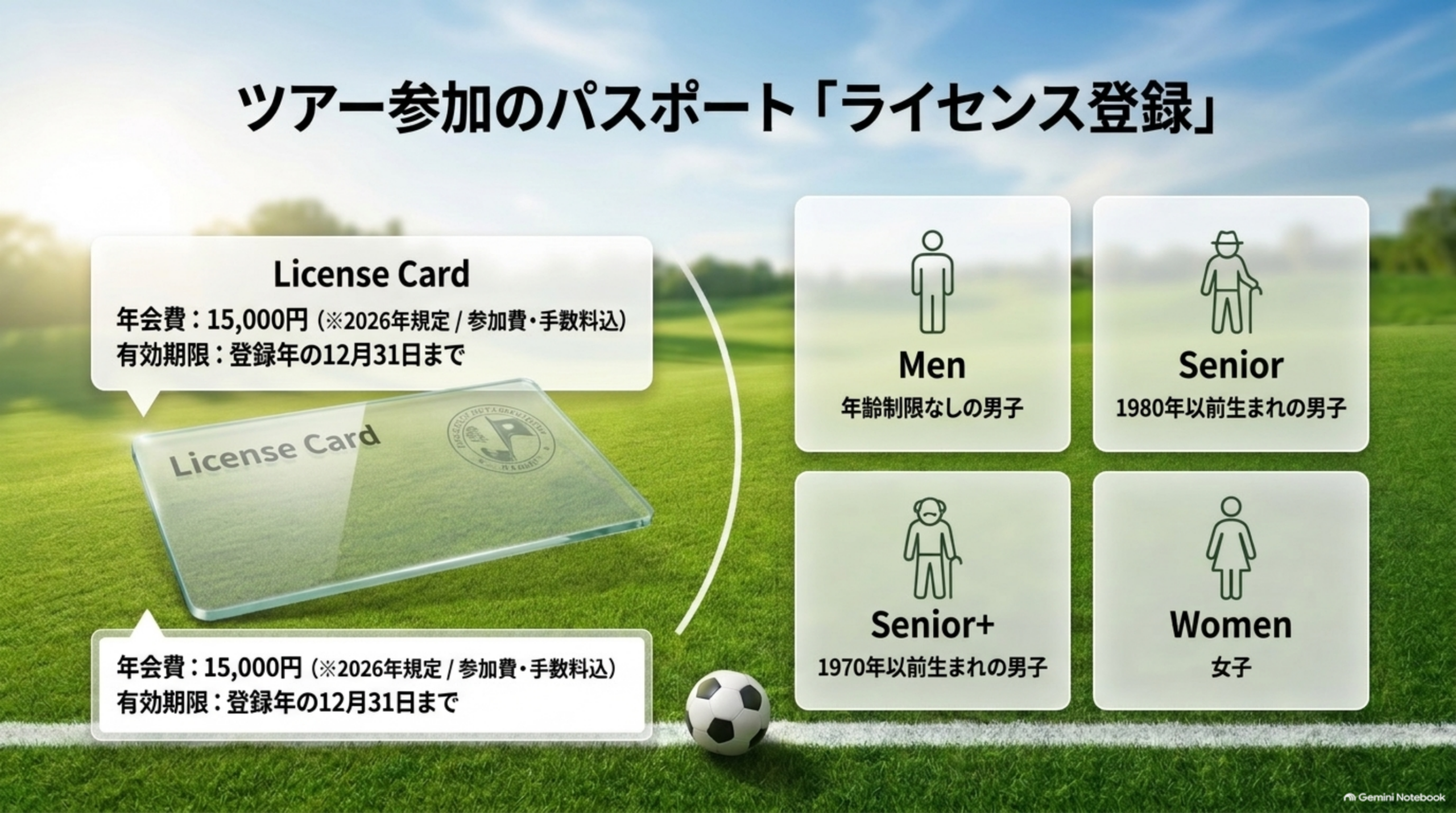 ツアー参加のパスポート、ライセンス登録。年会費15,000円（2026年規定）、有効期限は12月31日まで。カテゴリーはMen、Senior、Senior+、Womenの4つ