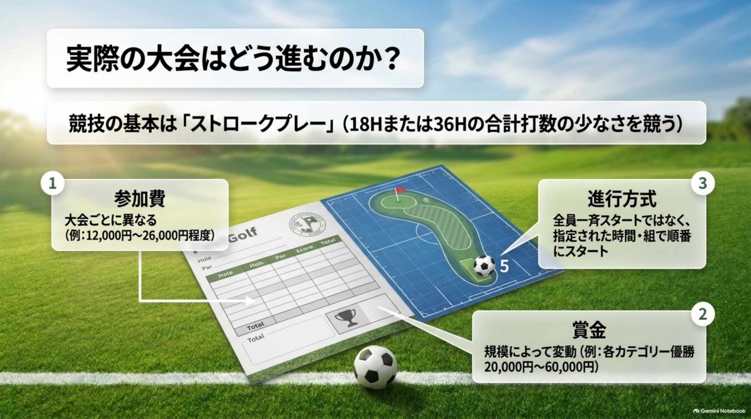 実際の大会はどう進むのか。競技の基本はストロークプレー。参加費は大会ごとに異なる。賞金は規模によって変動。全員一斉スタートではなく指定された時間・組で順番にスタート