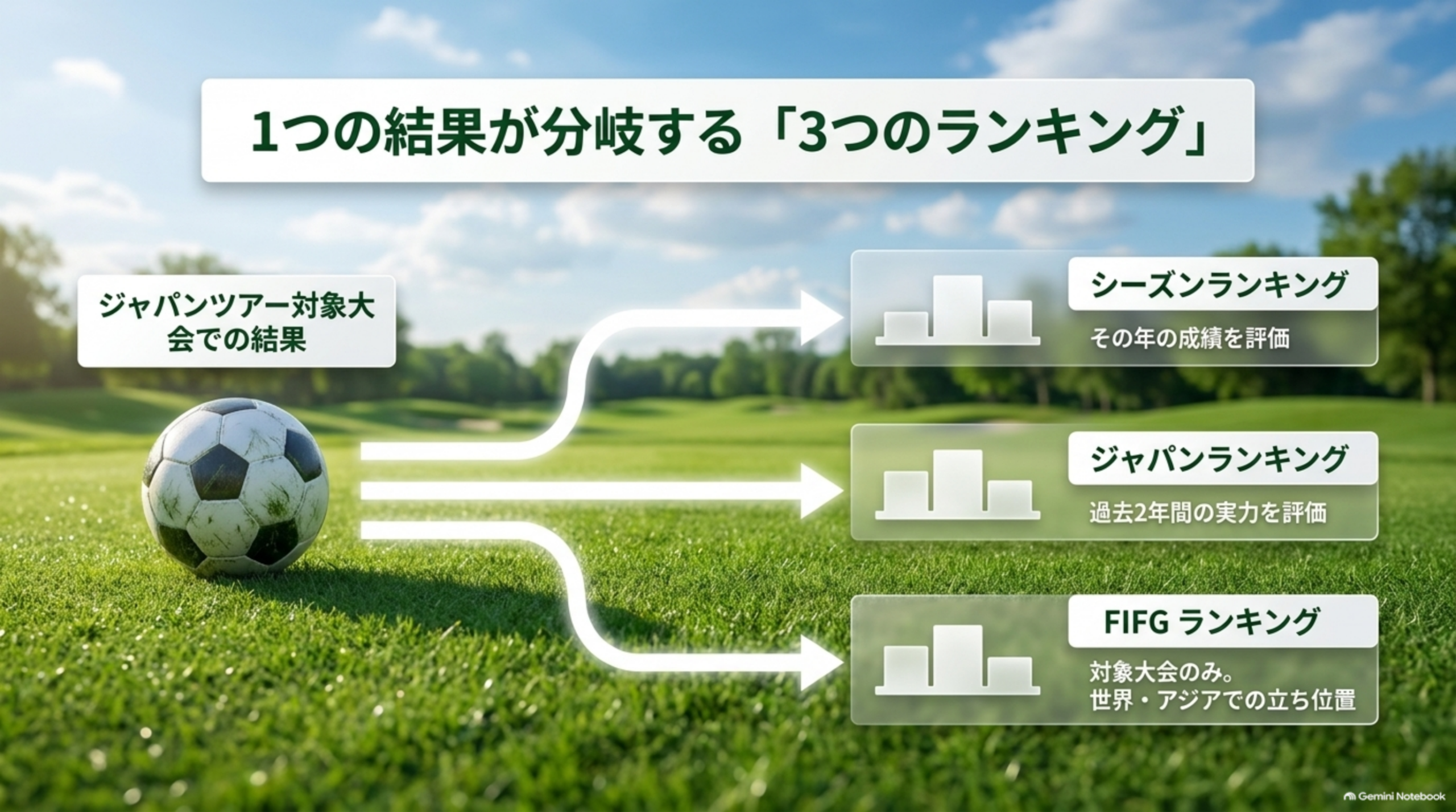 1つの結果が分岐する3つのランキング。ジャパンツアー対象大会での結果が、シーズンランキング、ジャパンランキング、FIFGランキングへつながる図