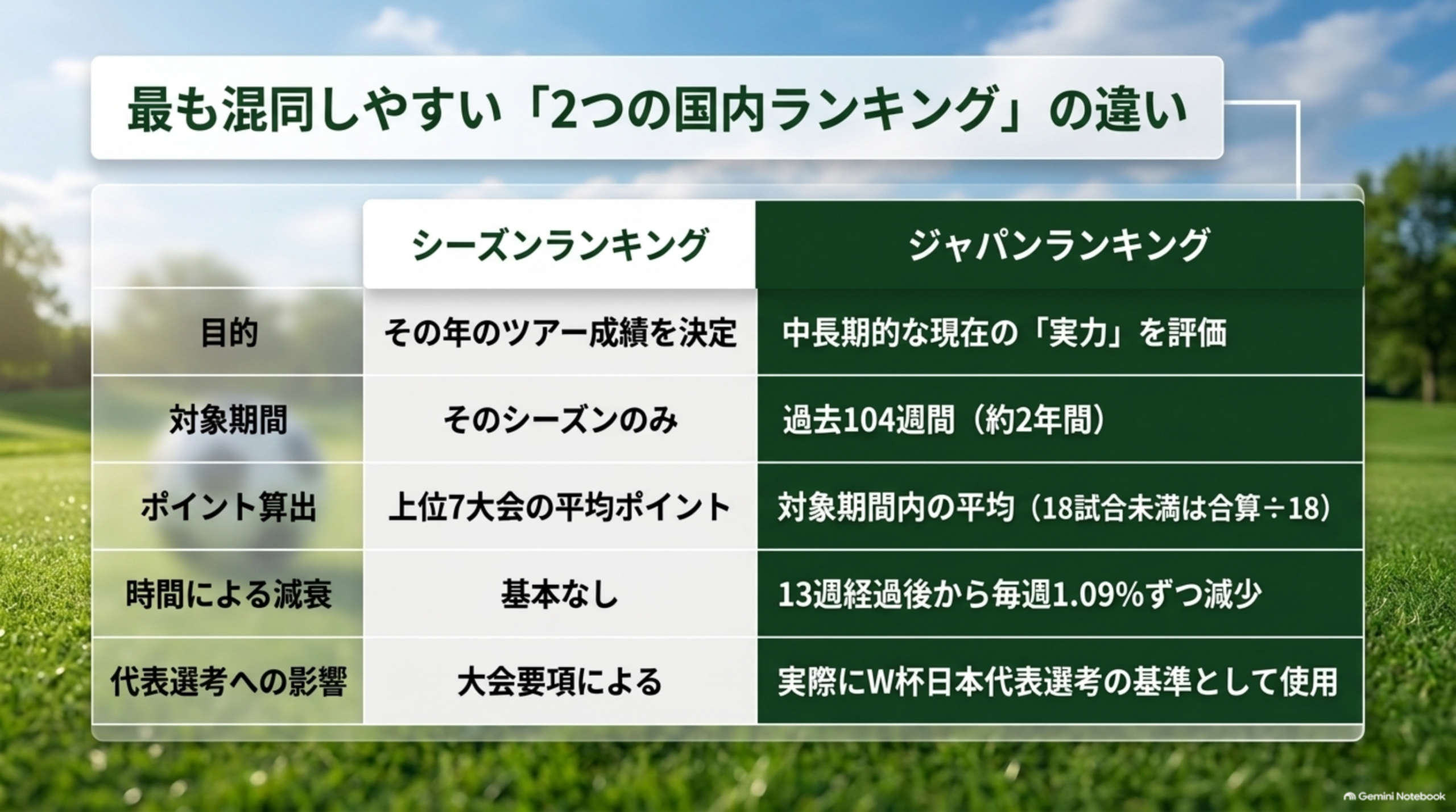 最も混同しやすい2つの国内ランキングの違い。シーズンランキングとジャパンランキングを、目的、対象期間、ポイント算出、時間による減衰、代表選考への影響で比較した表