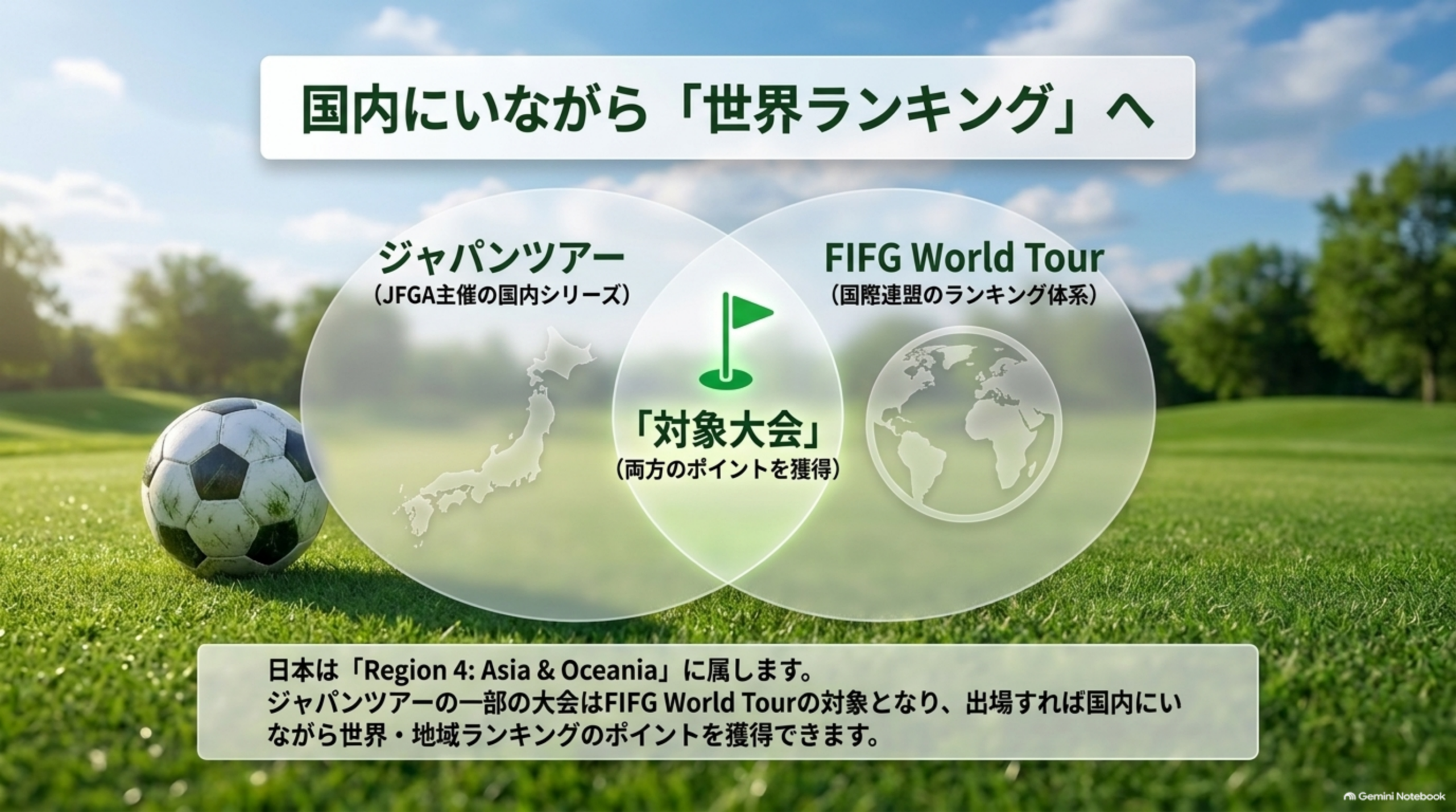 国内にいながら世界ランキングへ。ジャパンツアー（JFGA主催の国内シリーズ）とFIFG World Tour（国際連盟のランキング体系）が重なる部分が対象大会。日本はRegion 4 Asia & Oceaniaに属する
