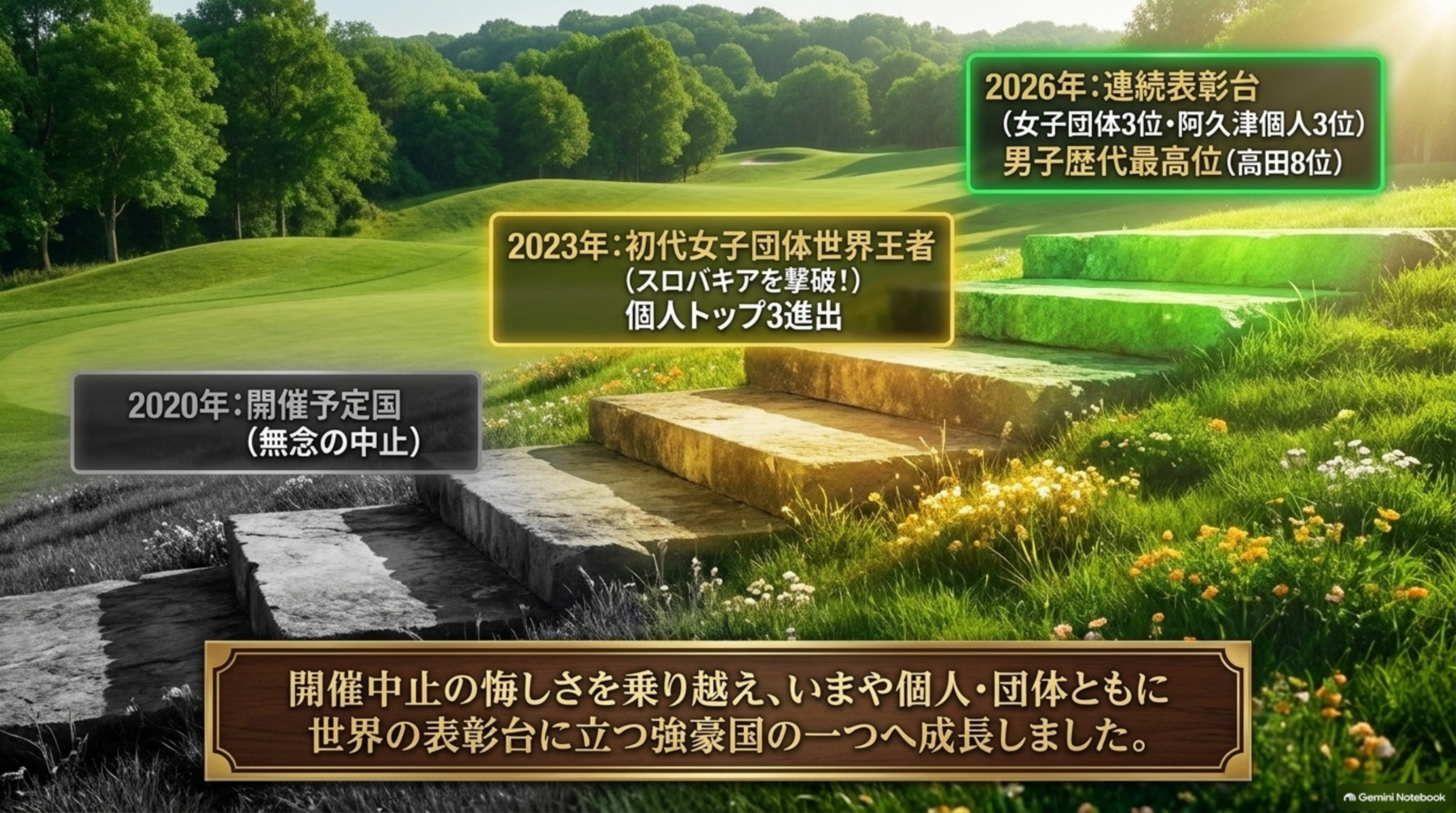 2020年の開催予定国、2023年の初代女子団体世界王者、2026年の連続表彰台と男子歴代最高位を、石段を一段ずつ上がる形で表したイメージ