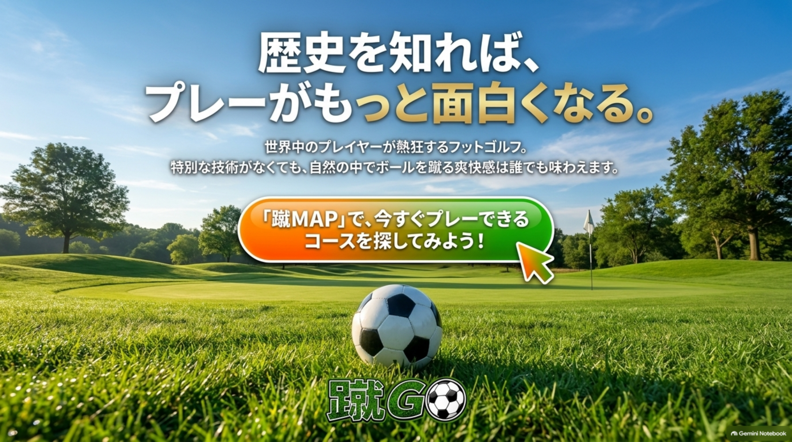 青空の下の芝生のコースとサッカーボール。歴史を知れば、プレーがもっと面白くなる。蹴MAPで今すぐプレーできるコースを探してみよう