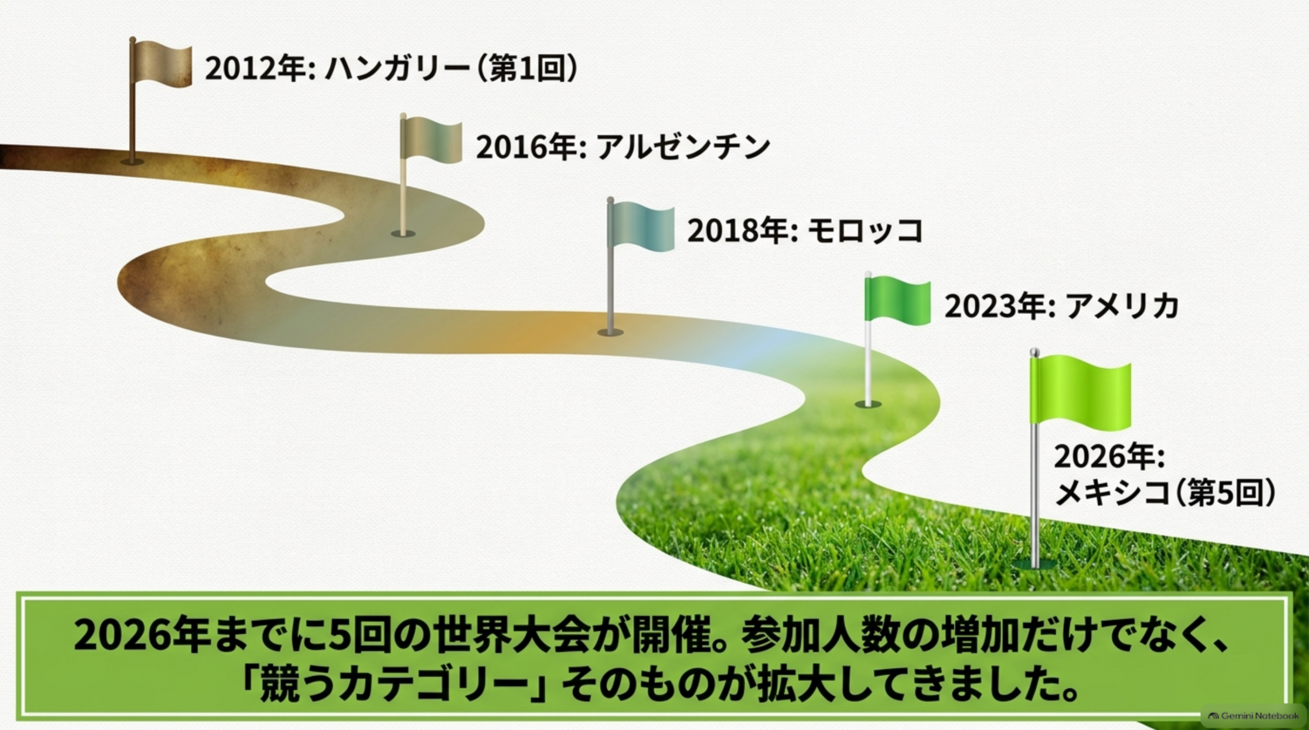2012年ハンガリー、2016年アルゼンチン、2018年モロッコ、2023年アメリカ、2026年メキシコの5大会を一本の道と旗で示した図解イメージ
