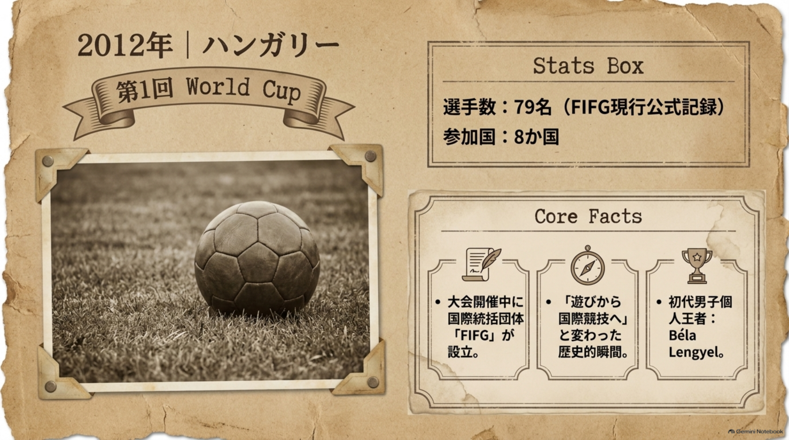 2012年ハンガリー、第1回World Cupの記録をスクラップブック風にまとめたイメージ。選手数79名（FIFG現行公式記録）、参加国8か国