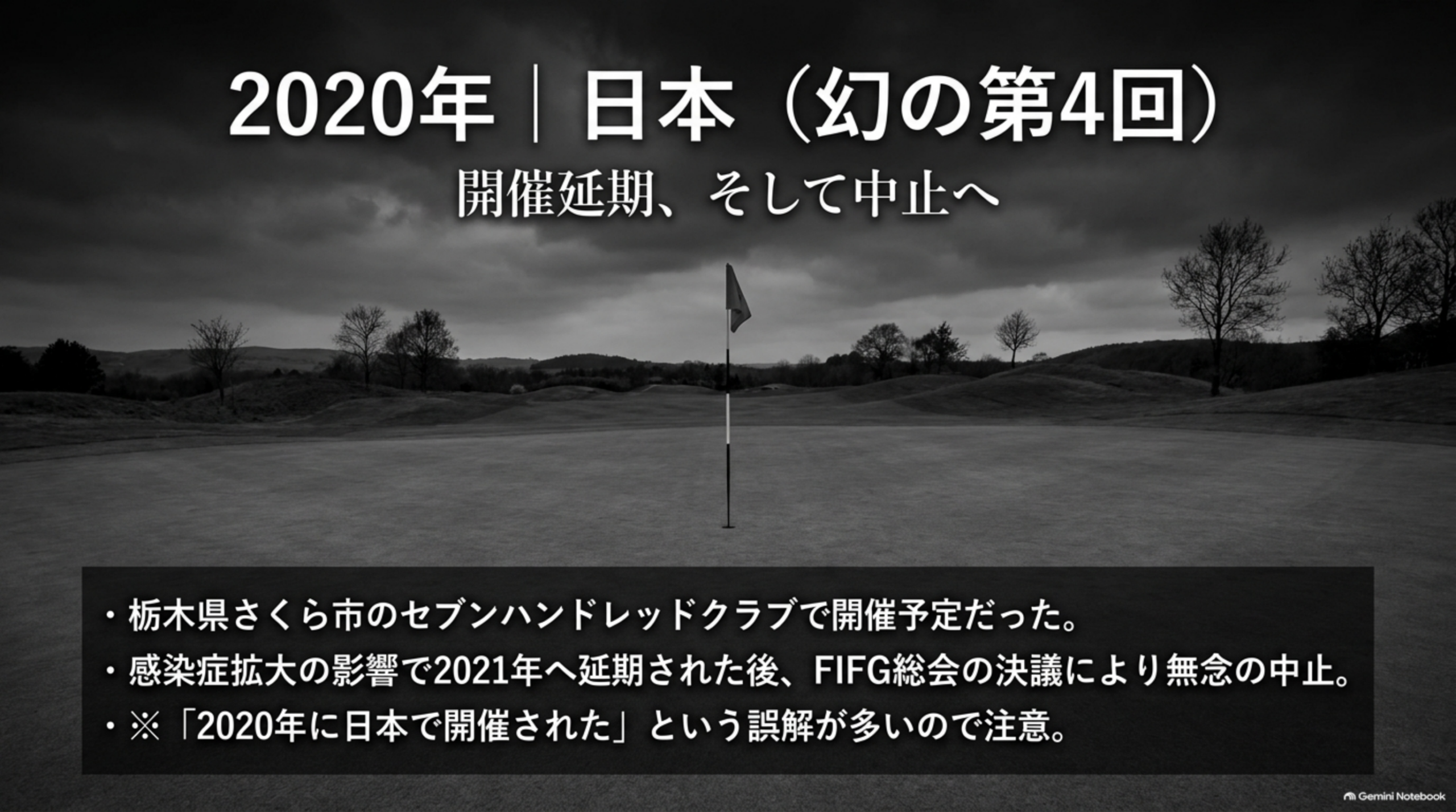 2020年日本大会の開催延期、そして中止を、曇り空の下のモノクロのコースで表したイメージ