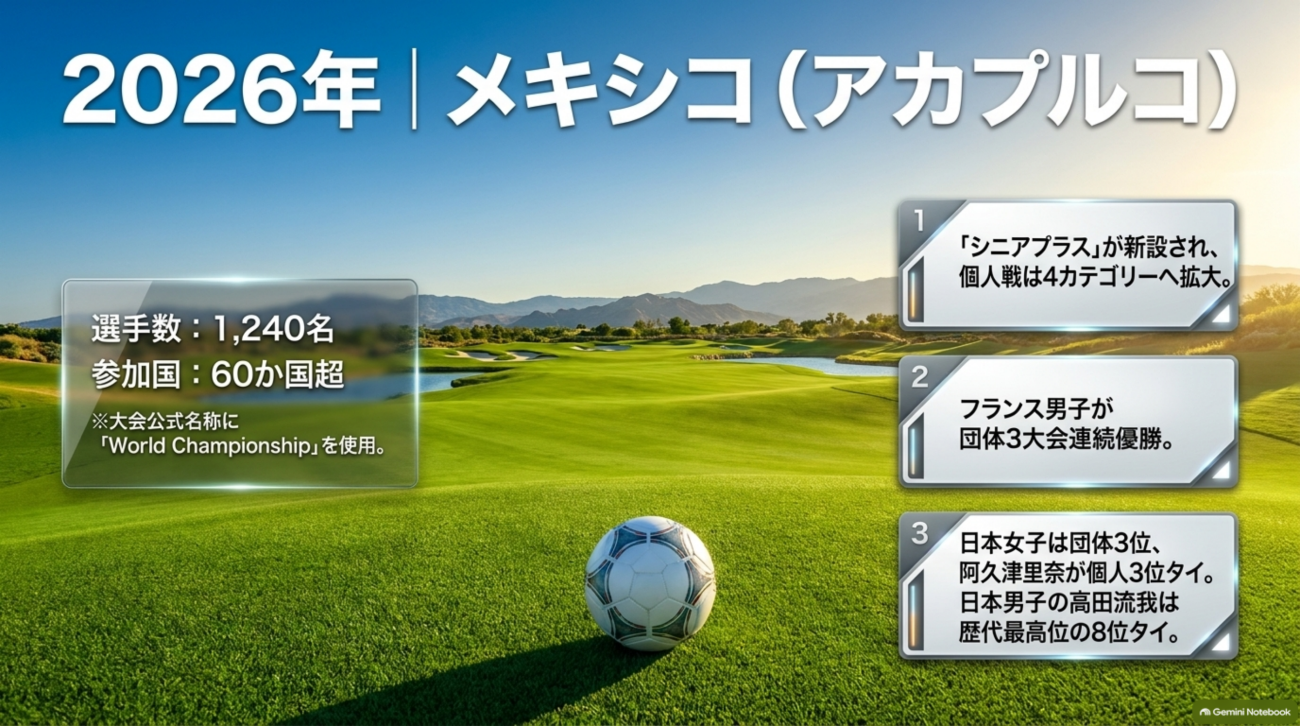2026年メキシコ・アカプルコ大会の記録をまとめたイメージ。選手数1,240名、参加国60か国超、大会公式名称にWorld Championshipを使用