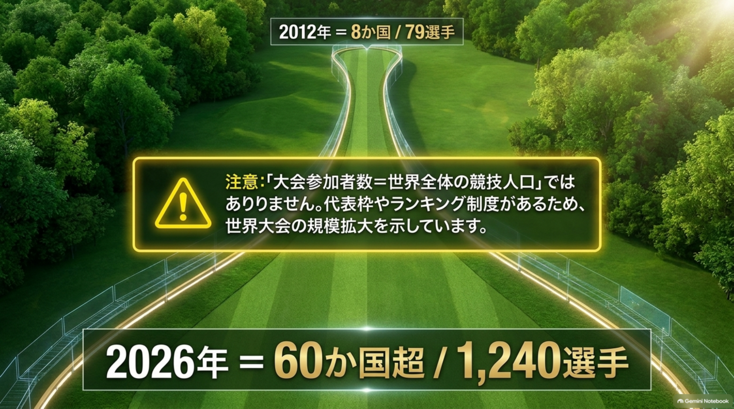 2012年の8か国・79選手から2026年の60か国超・1,240選手へ。大会参加者数は世界全体の競技人口ではないという注意書きを添えたイメージ