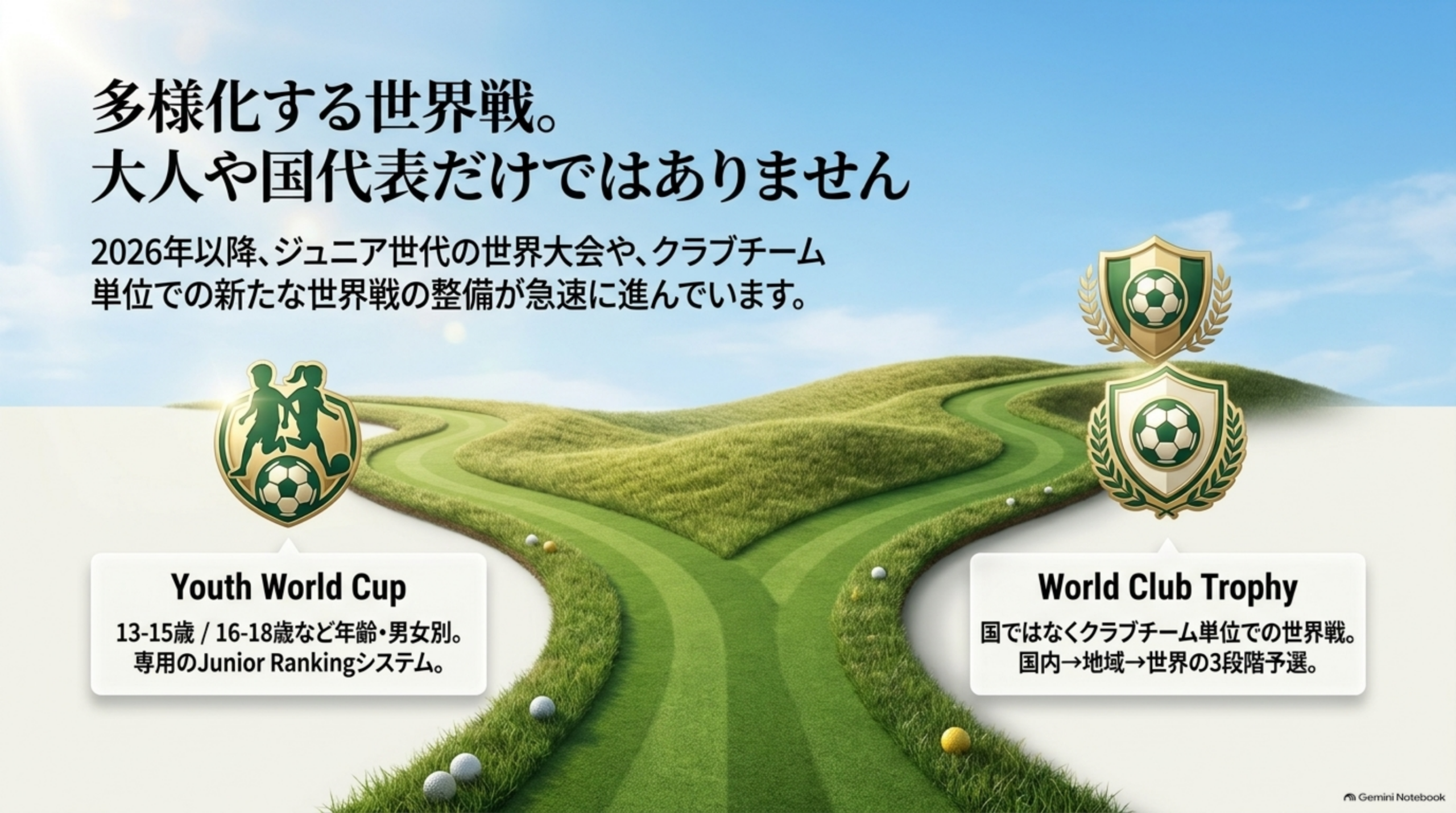 多様化する世界戦。大人や国代表だけではない。Youth World Cupは13〜15歳・16〜18歳など年齢・男女別。World Club Trophyは国ではなくクラブチーム単位で、国内・地域・世界の3段階予選