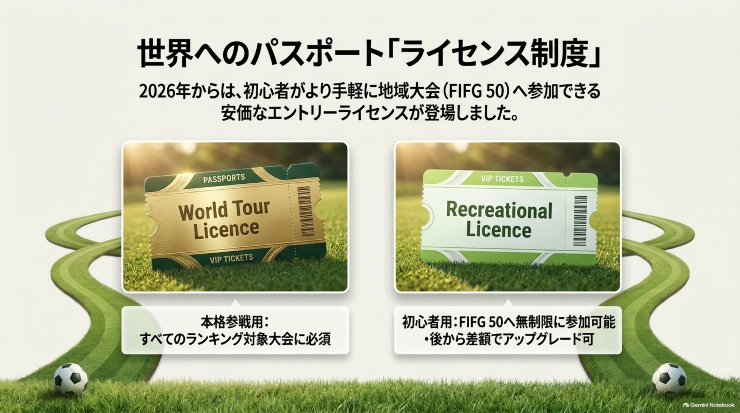 世界へのパスポート、ライセンス制度。World Tour Licenceは本格参戦用。Recreational Licenceは初心者用で、FIFG 50へ無制限に参加でき、後からアップグレードできる