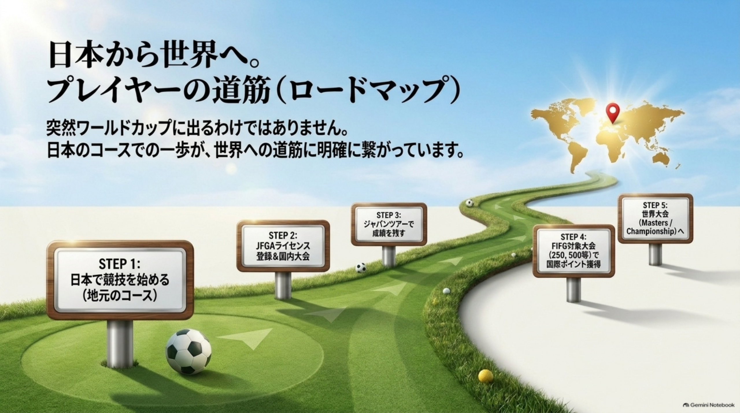 日本から世界へ、プレイヤーの道筋。日本で競技を始める、JFGAライセンス登録と国内大会、ジャパンツアーで成績を残す、FIFG対象大会で国際ポイント獲得、世界大会へ