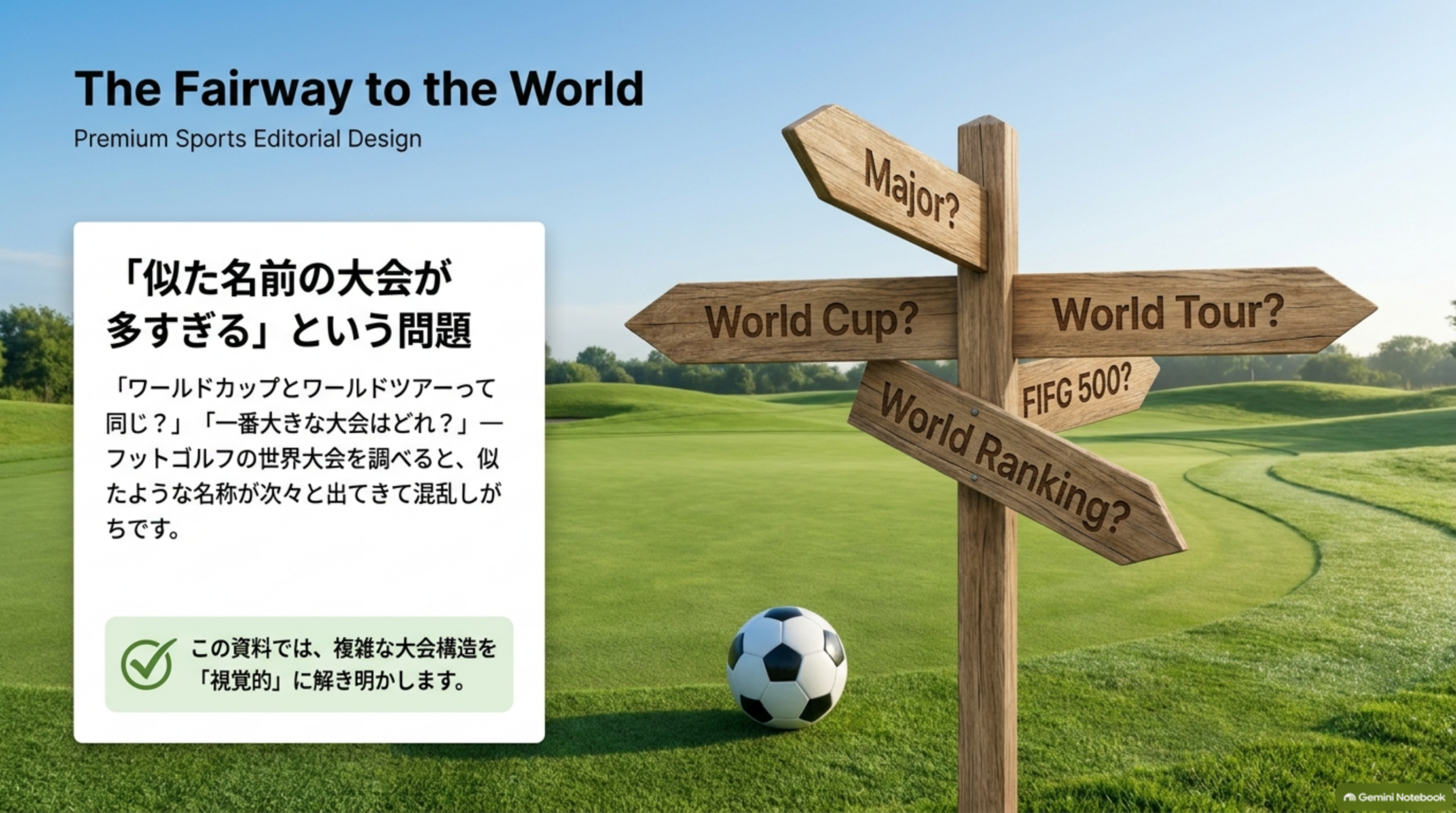 似た名前の大会が多すぎるという問題。Major、World Cup、World Tour、FIFG 500、World Rankingと書かれた道しるべ