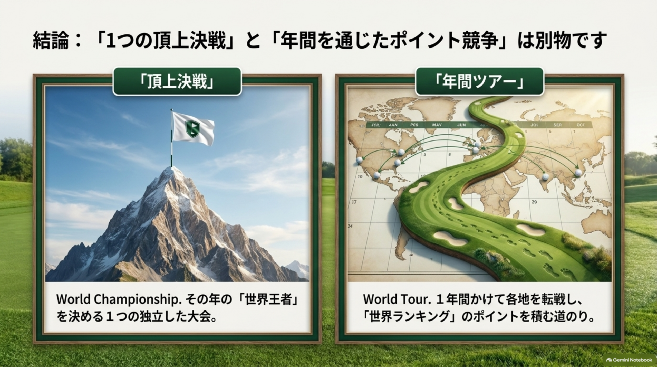 結論：1つの頂上決戦と、年間を通じたポイント競争は別物。World Championshipは世界王者を決める独立した大会、World Tourは世界ランキングのポイントを積む道のり