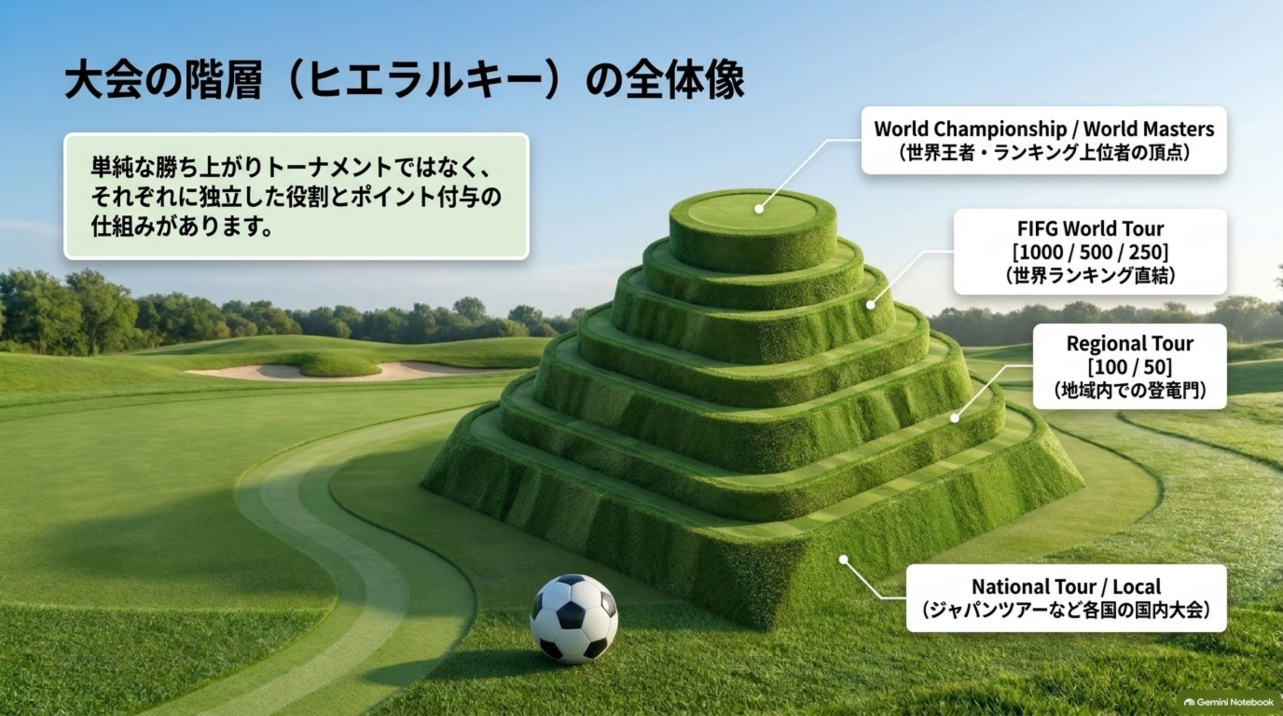 大会の階層の全体像。上からWorld Championship / World Masters、FIFG World Tour（1000・500・250）、Regional Tour（100・50）、National Tour / Local