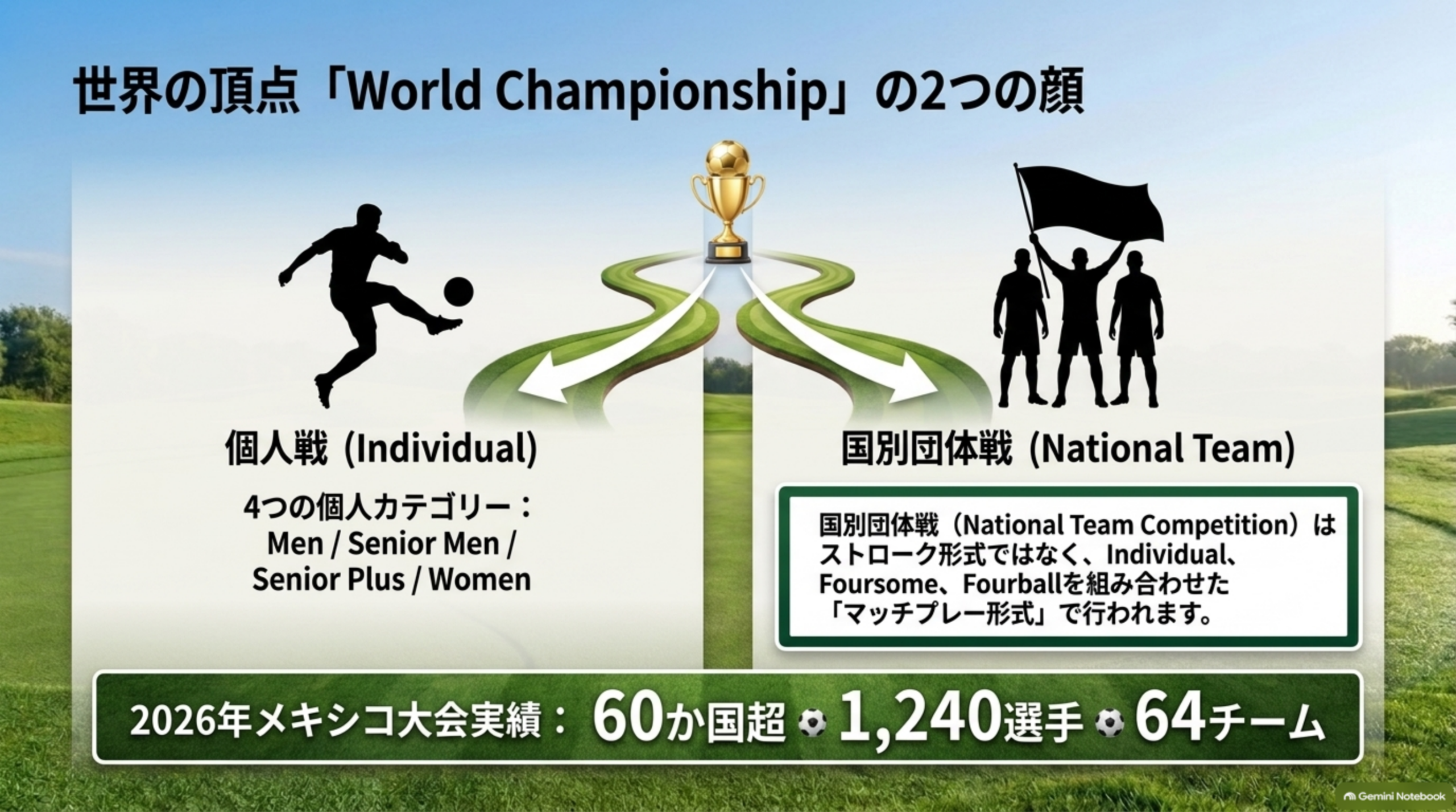 World Championshipの2つの顔。個人戦はMen、Senior Men、Senior Plus、Womenの4カテゴリー。国別団体戦はIndividual、Foursome、Fourballを組み合わせたマッチプレー形式。2026年メキシコ大会は60か国超、1,240選手、64チーム