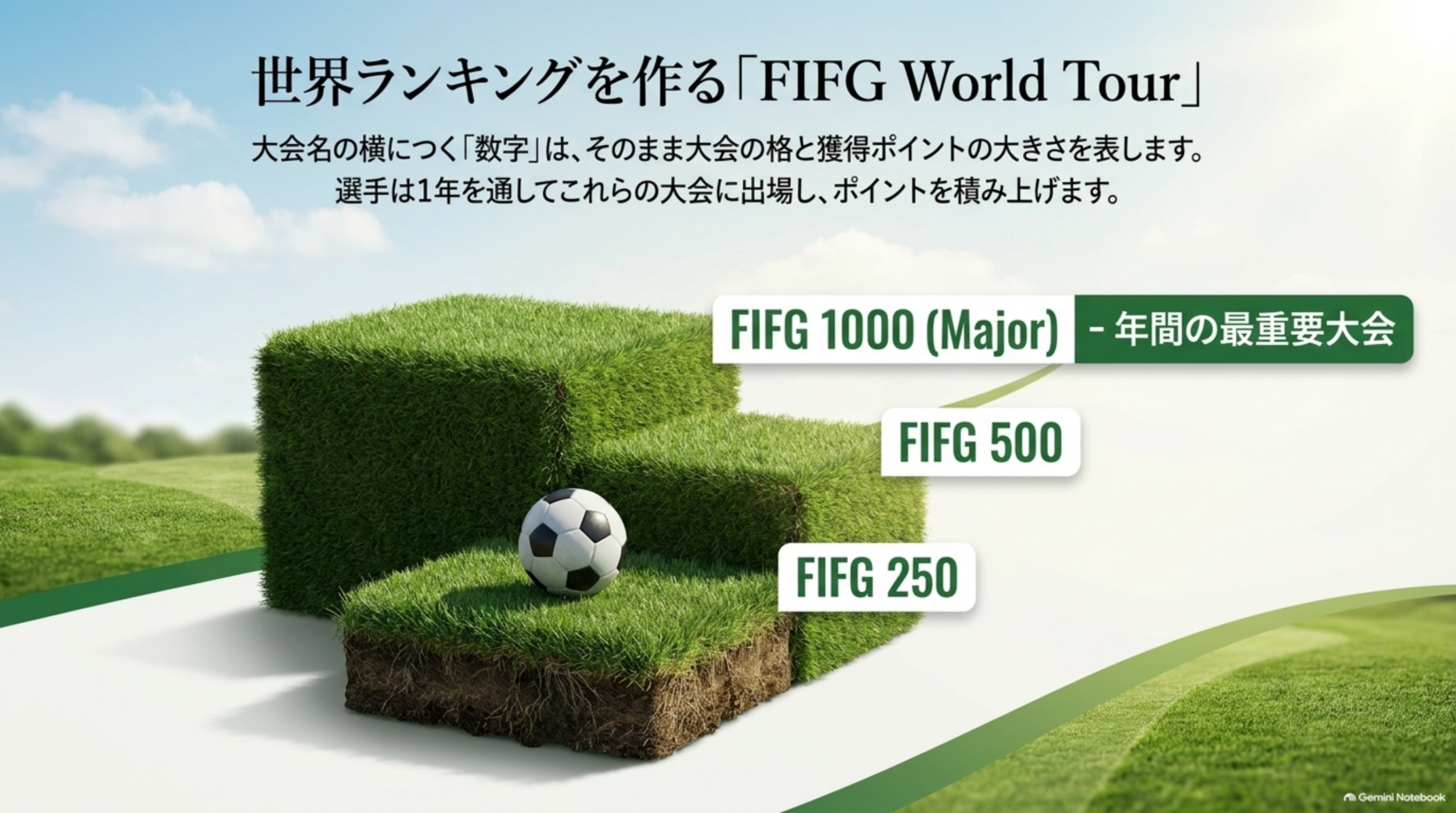 世界ランキングを作るFIFG World Tour。FIFG 1000（Major）、FIFG 500、FIFG 250の3段の図
