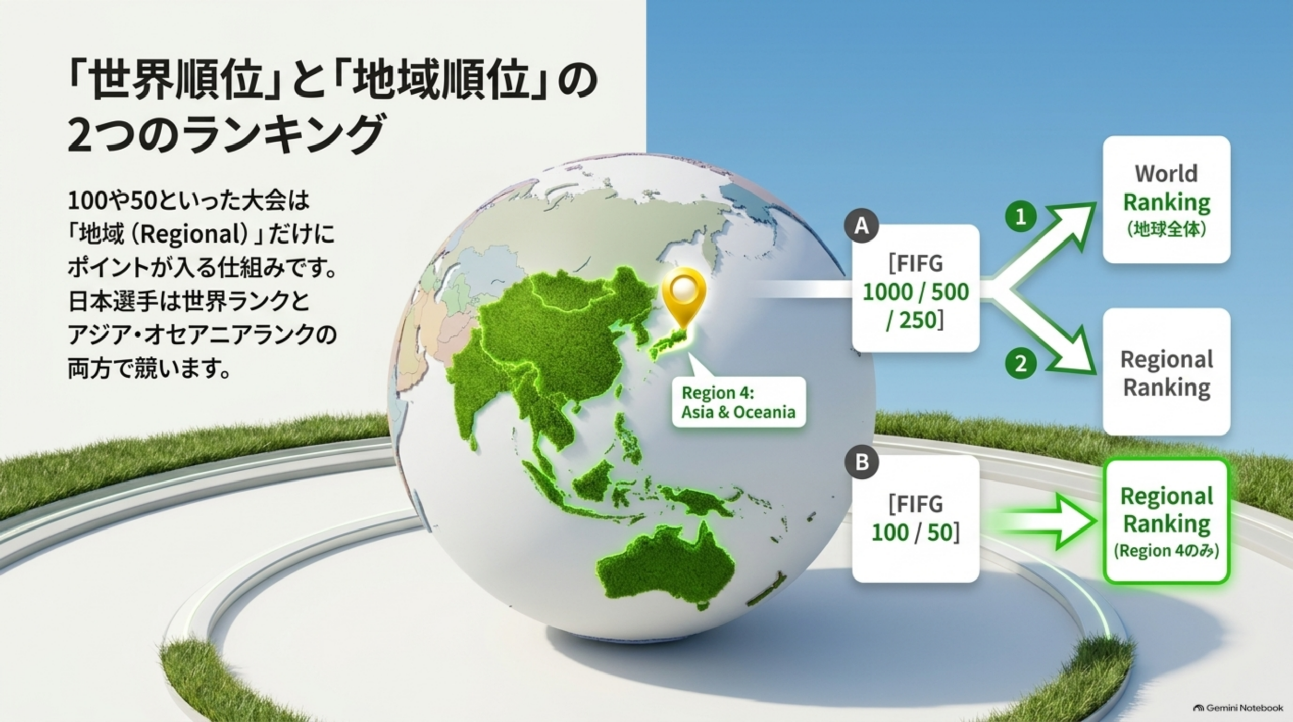 世界順位と地域順位の2つのランキング。FIFG 1000・500・250はWorld RankingとRegional Rankingへ、FIFG 100・50はRegional Rankingのみへ。日本はRegion 4 Asia & Oceania