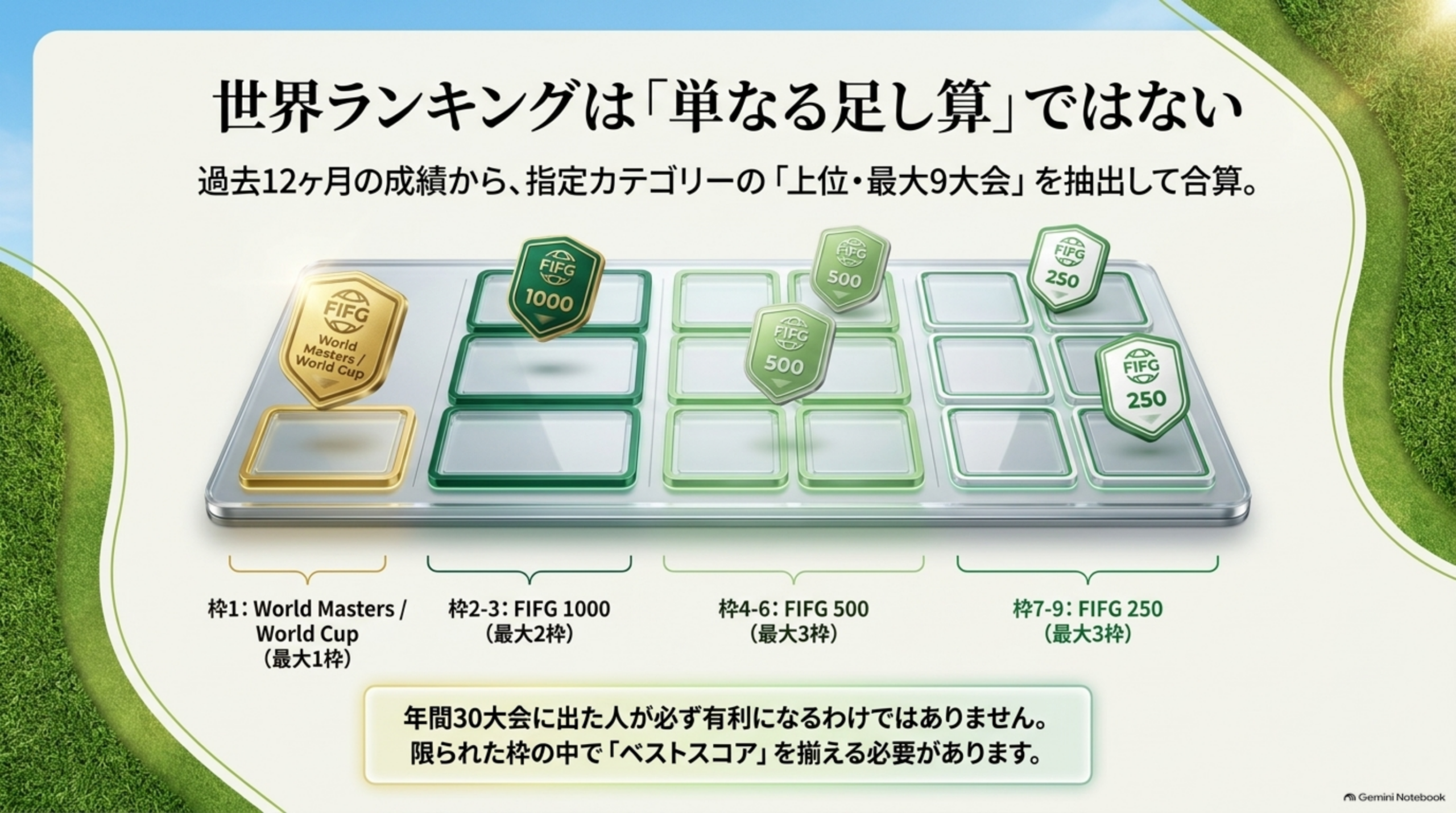 世界ランキングは単なる足し算ではない。過去12か月の成績から、World Masters / World Cup 最大1枠、FIFG 1000 最大2枠、FIFG 500 最大3枠、FIFG 250 最大3枠の最大9大会を合算