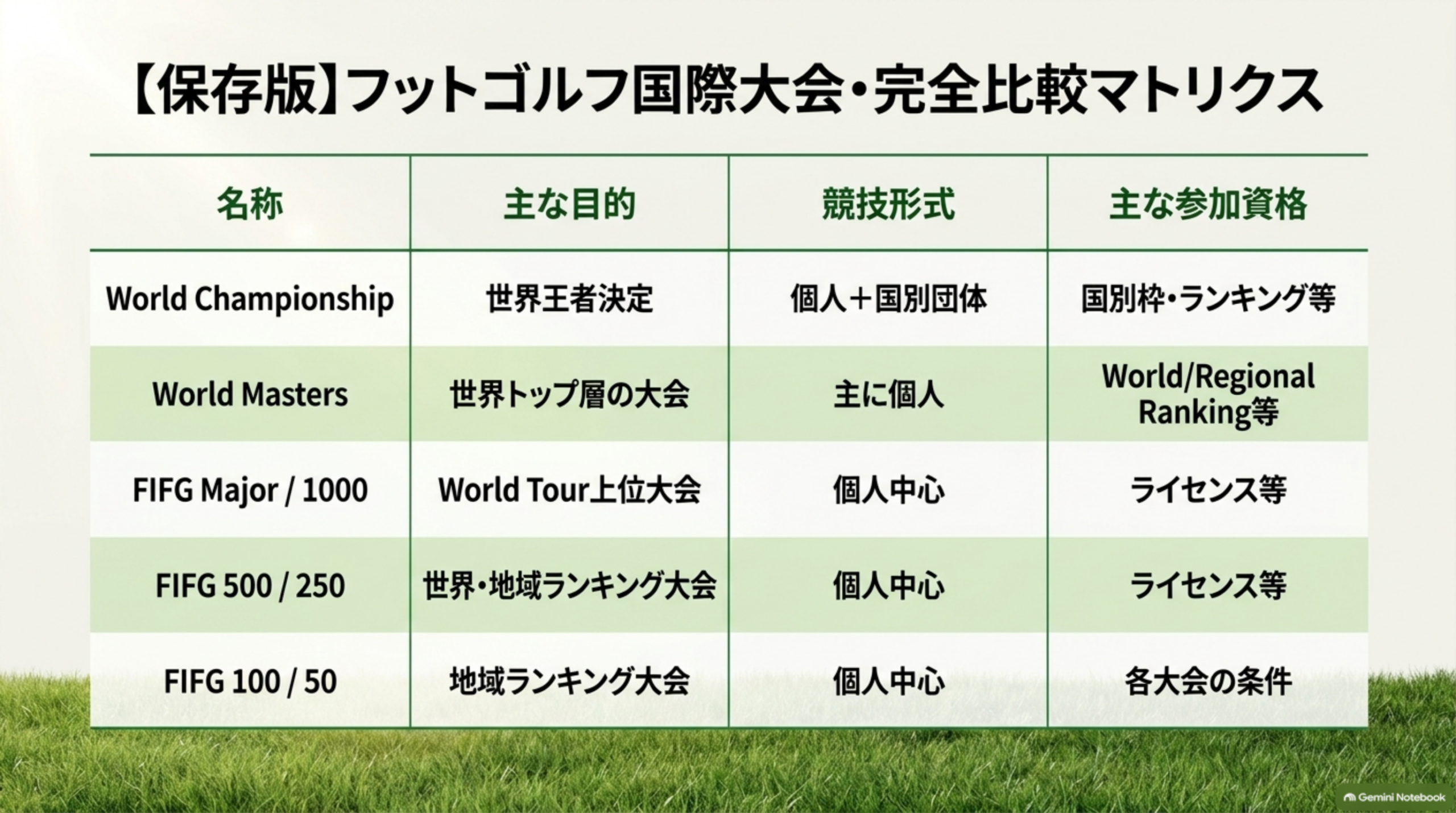 フットゴルフ国際大会の比較表。World Championship、World Masters、FIFG Major / 1000、FIFG 500 / 250、FIFG 100 / 50を、主な目的、競技形式、主な参加資格で比較