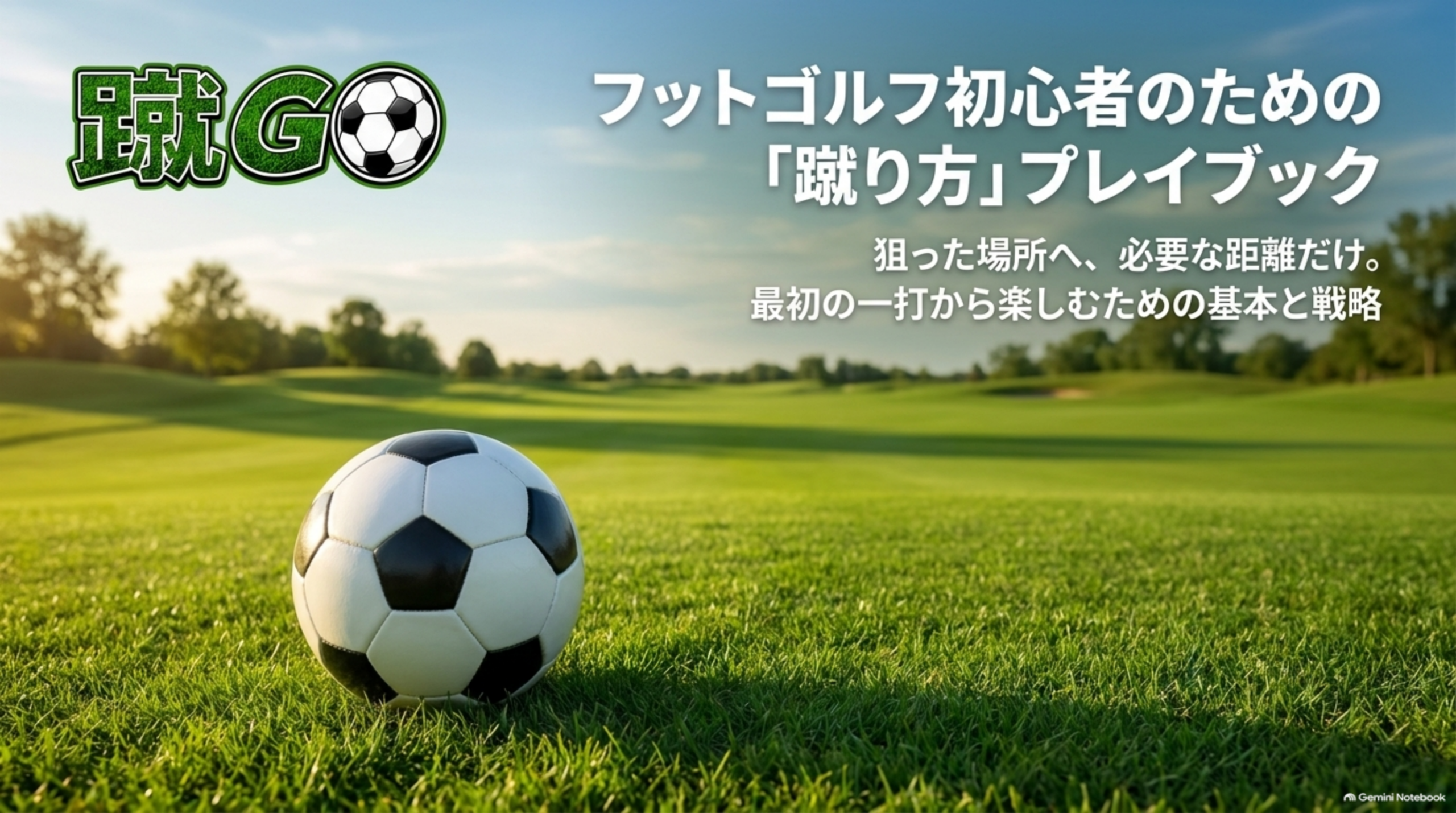 芝生の上に置かれたサッカーボールと「フットゴルフ初心者のための蹴り方プレイブック」の文字
