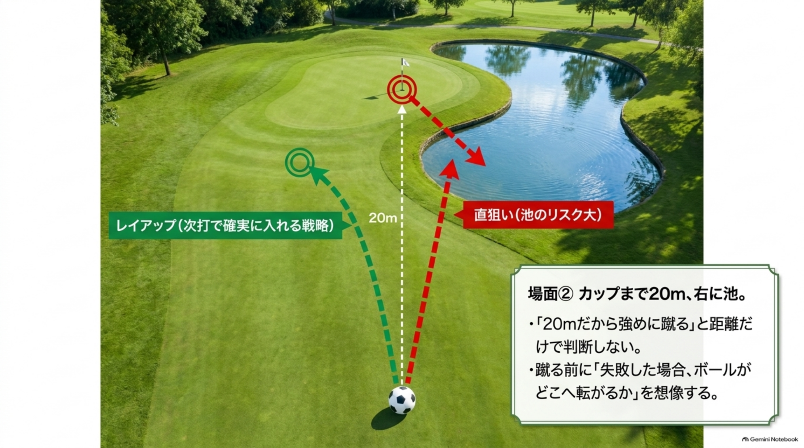 カップまで20mで右側に池がある場面で、直接狙う赤い矢印と、左の安全な場所へ運ぶ緑の矢印を示した図