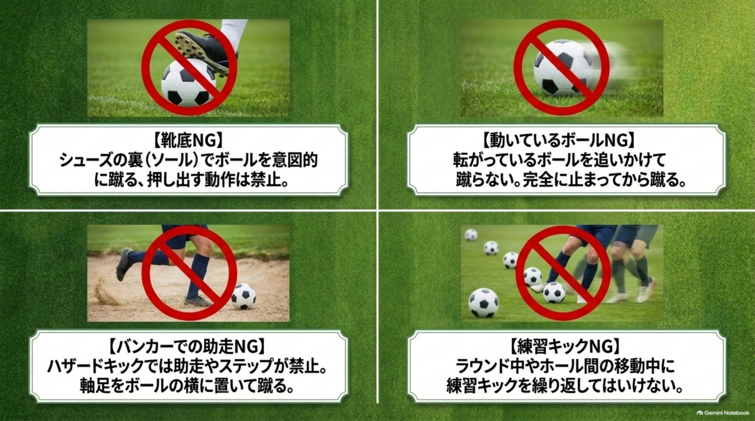 靴底で蹴る、動いているボールを蹴る、バンカーで助走する、ラウンド中に練習キックをする、の4つの禁止動作を示した図