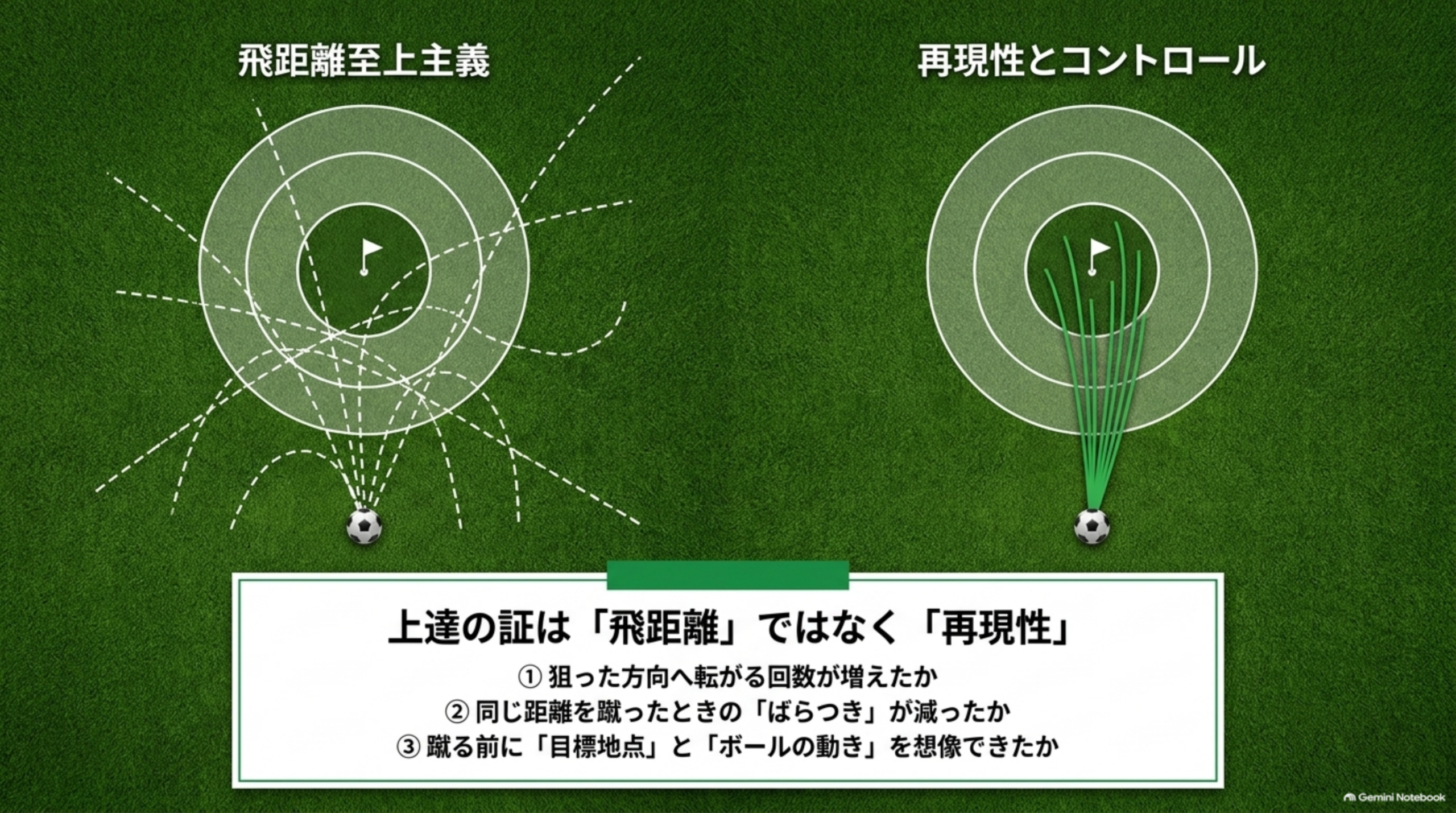 ばらばらの軌道と、目標に集まる軌道を左右で比較し、上達の目安を示した図