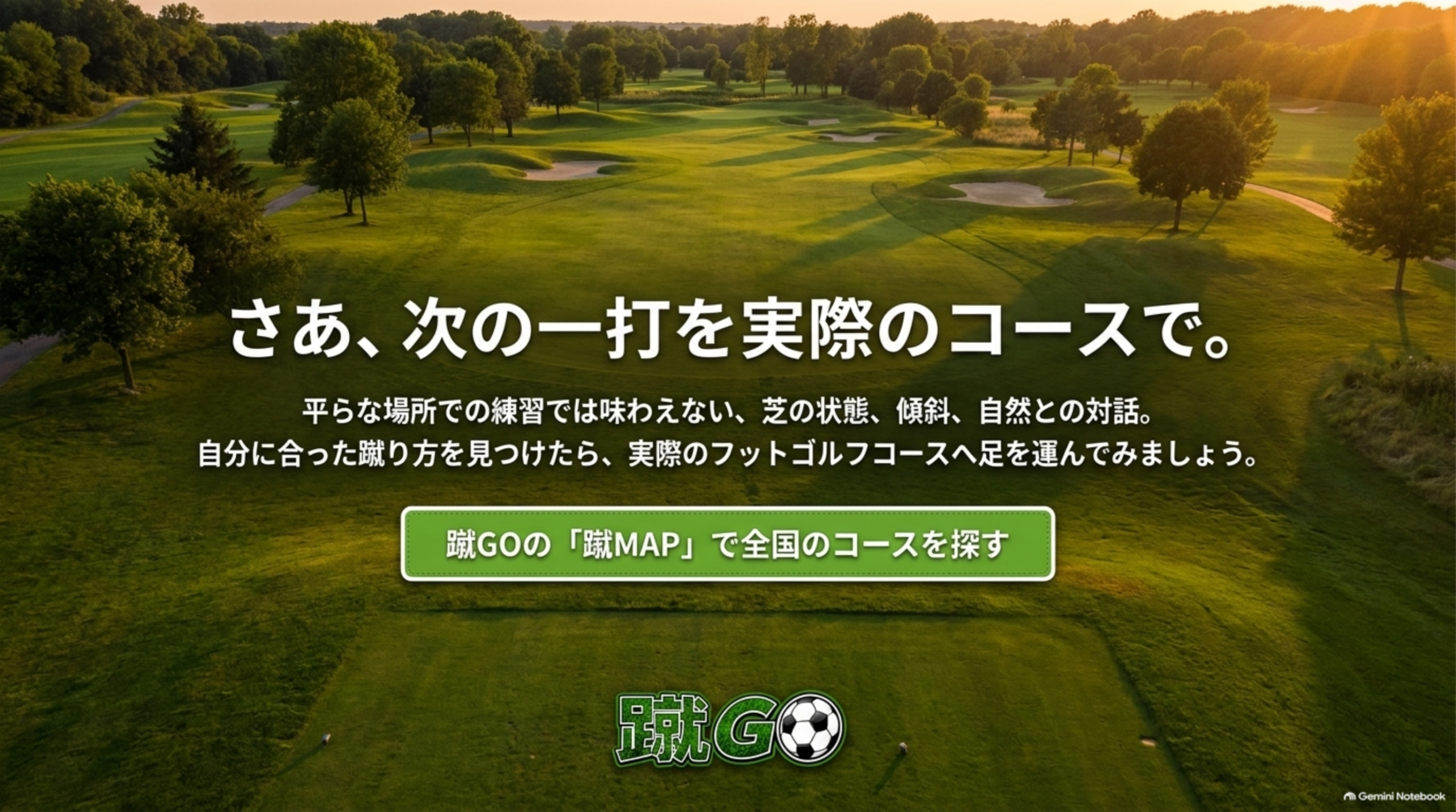 夕日に照らされたフットゴルフコースと「さあ、次の一打を実際のコースで。」の文字