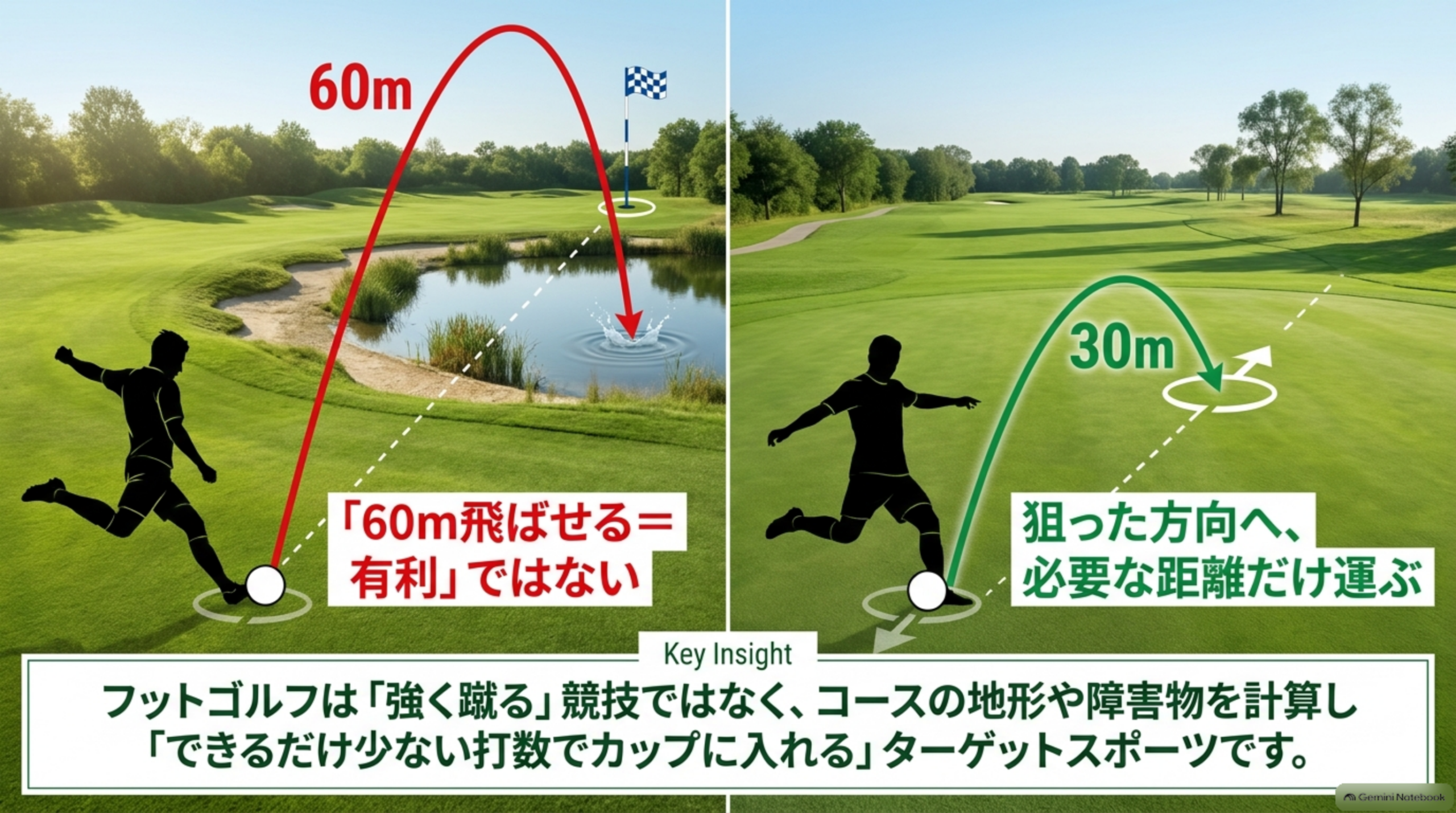 60m飛ばして池に入るキックと、狙った方向へ30mだけ運ぶキックを左右で比較したイメージ