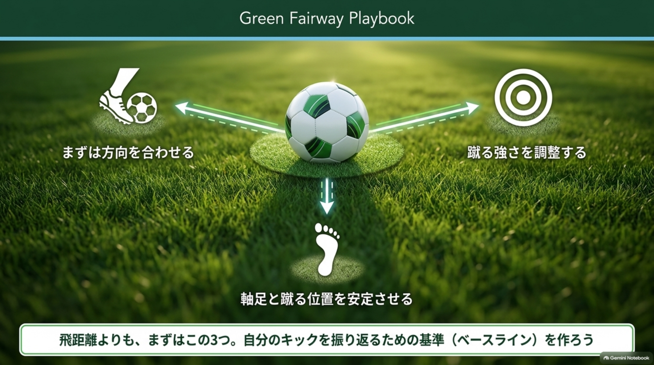 ボールを中心に「まずは方向を合わせる」「蹴る強さを調整する」「軸足と蹴る位置を安定させる」の3要素を示した図