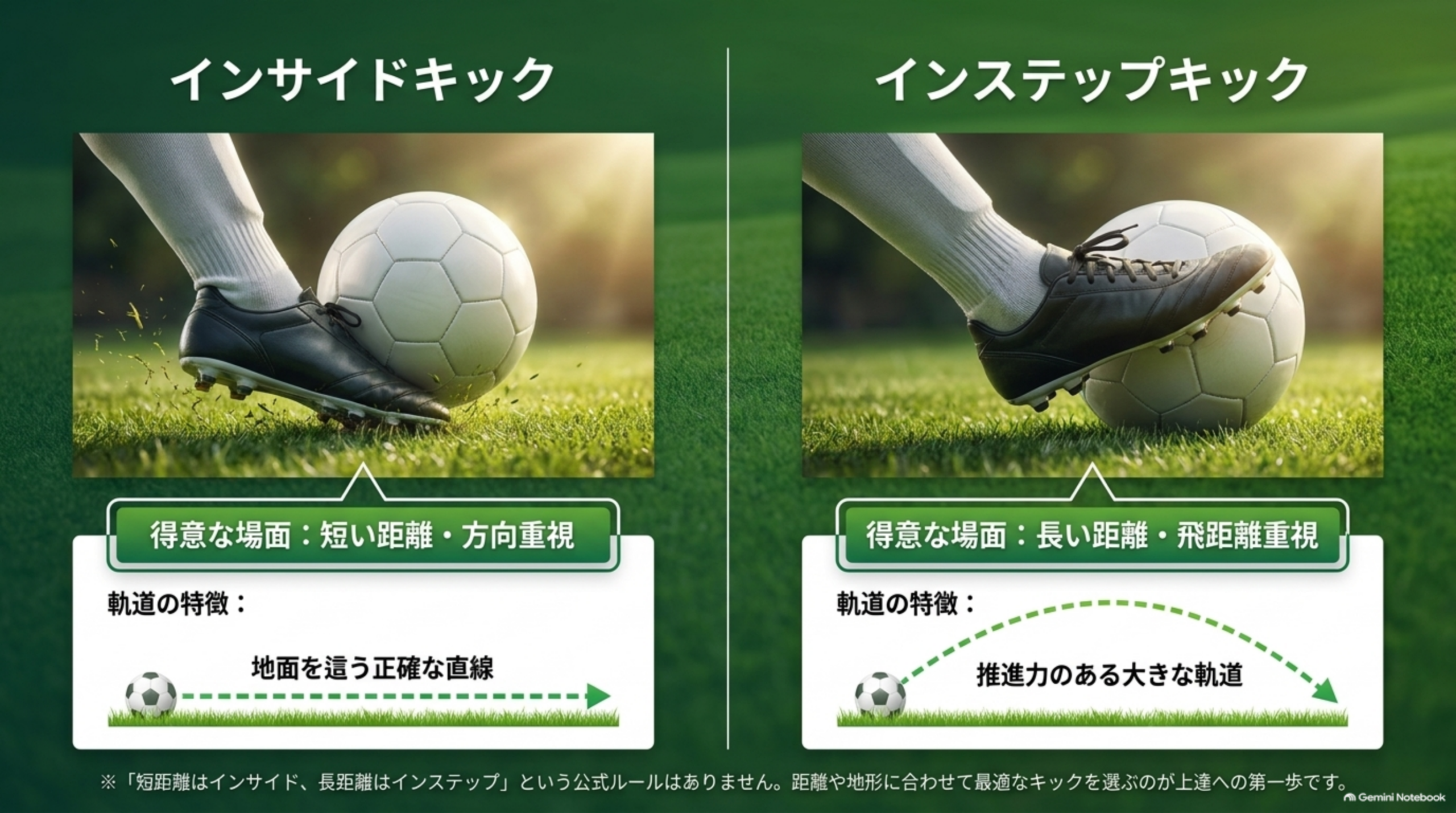 インサイドキックとインステップキックの足の当たり方と軌道の特徴を左右で比較した図