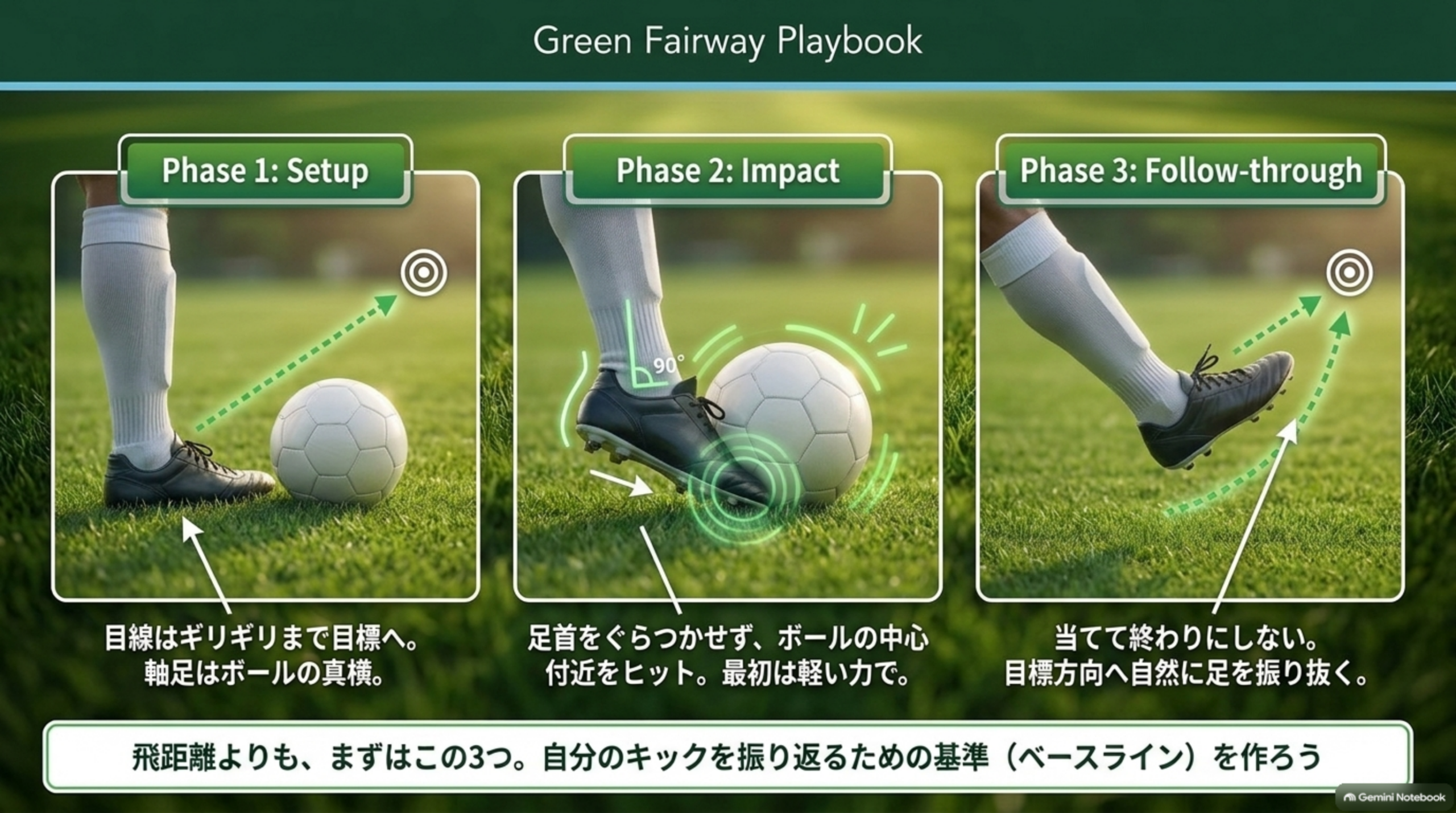 Setup・Impact・Follow-throughの3場面で、軸足の位置、足首の安定、振り抜く方向を示した図