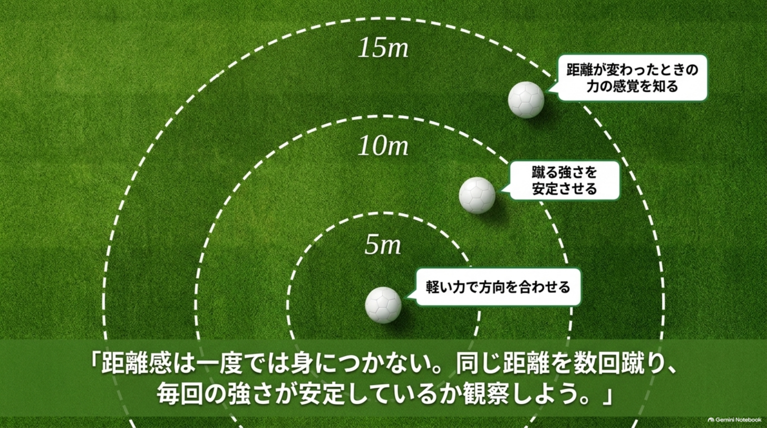 5m・10m・15mの同心円の目標と、それぞれの距離で意識したいことを示した図