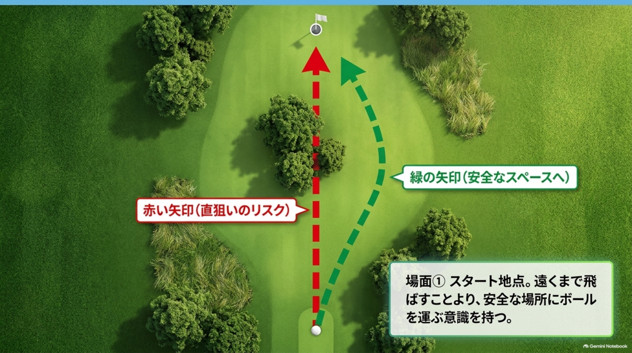 上空から見たホールで、木を越えて直接狙う赤い矢印と、安全なスペースへ運ぶ緑の矢印を比較した図