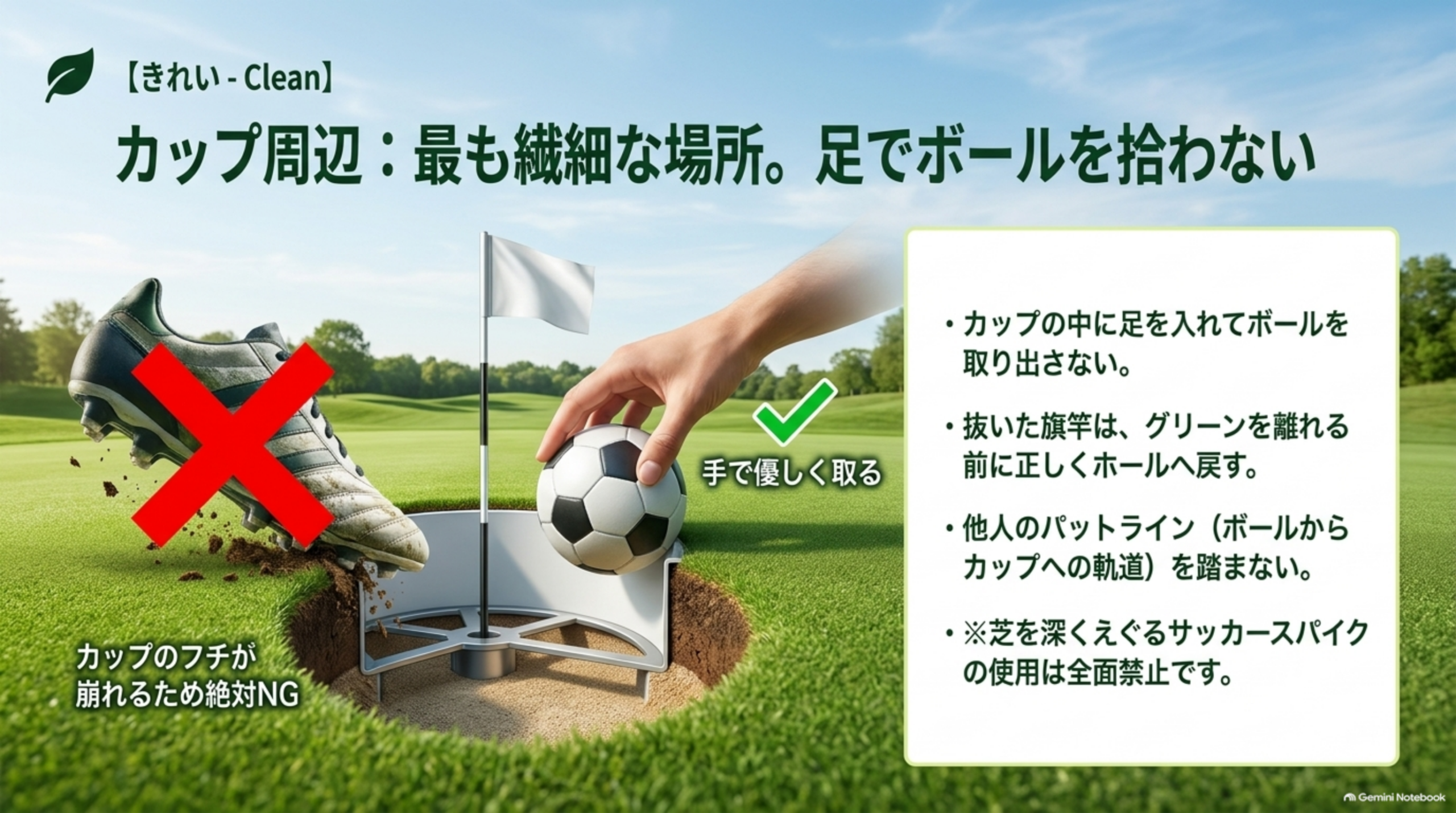 カップ周辺：最も繊細な場所。足でボールを拾わない。カップのフチが崩れるため絶対NG、手で優しく取る。カップの中に足を入れてボールを取り出さない。抜いた旗竿はグリーンを離れる前に正しくホールへ戻す。他人のパットラインを踏まない。芝を深くえぐるサッカースパイクの使用は全面禁止という図解