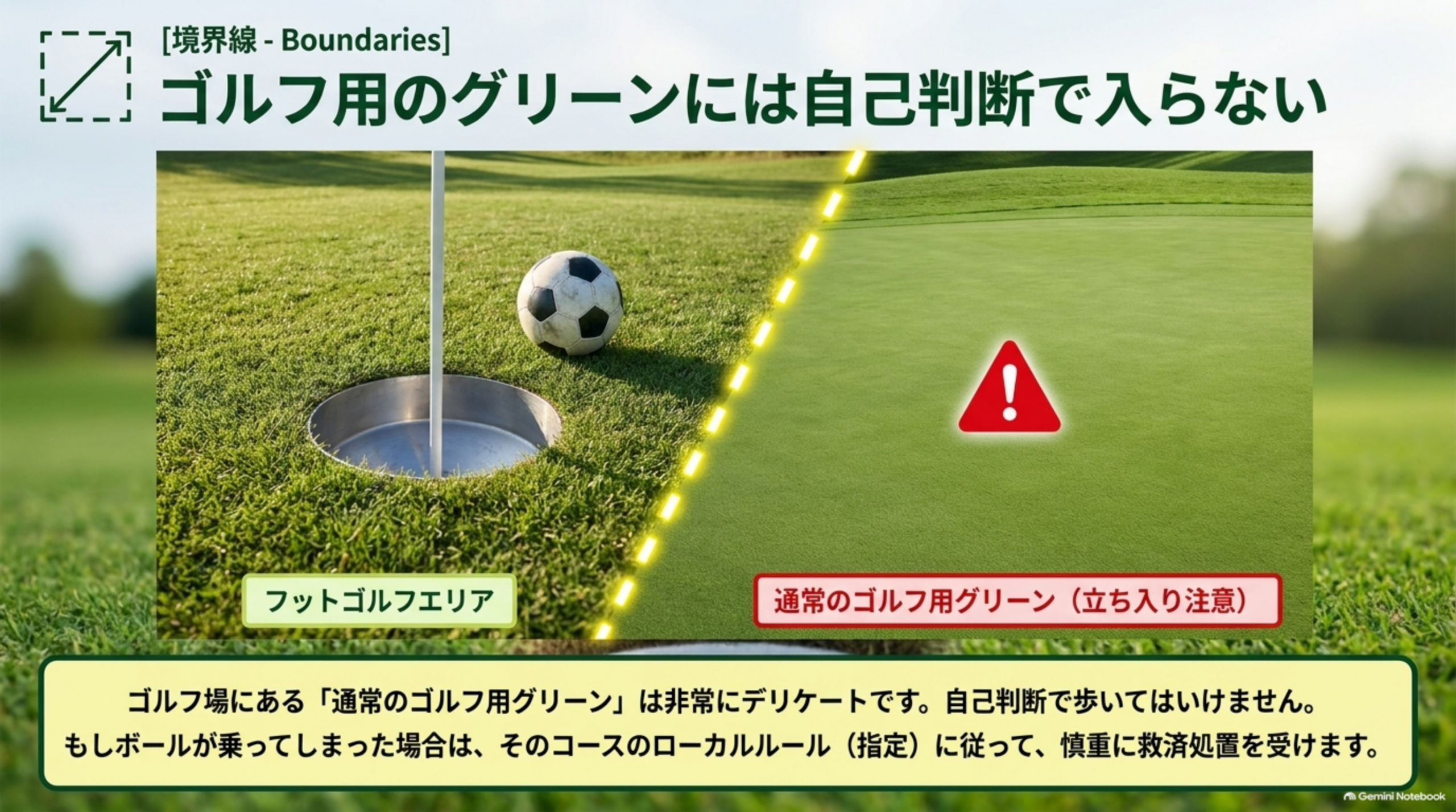 ゴルフ用のグリーンには自己判断で入らない。フットゴルフエリアと通常のゴルフ用グリーン（立ち入り注意）の境界線。通常のゴルフ用グリーンは非常にデリケートで自己判断で歩いてはいけない。もしボールが乗ってしまった場合は、そのコースのローカルルールに従って慎重に救済処置を受けるという図解