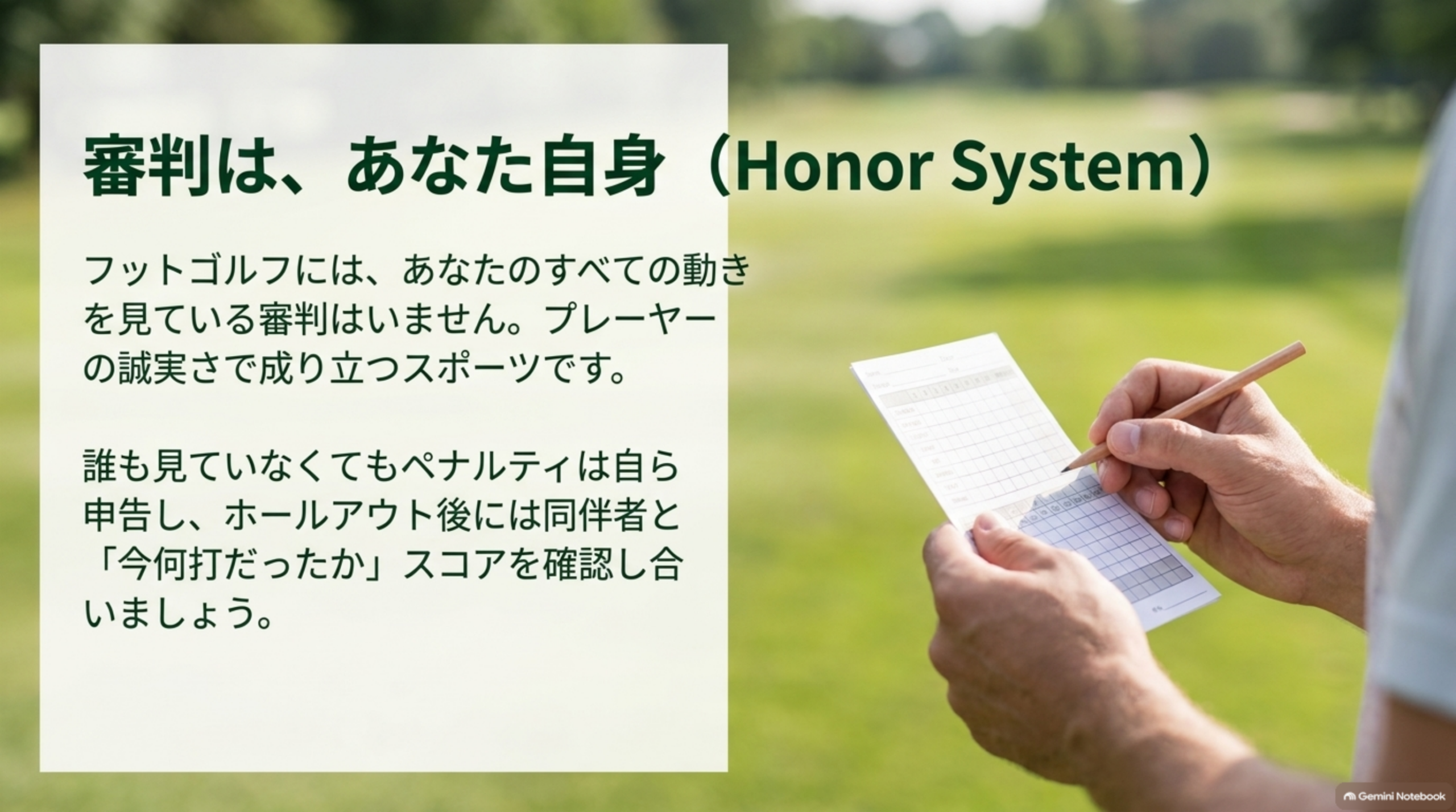 審判は、あなた自身（Honor System）。フットゴルフには、あなたのすべての動きを見ている審判はいません。プレーヤーの誠実さで成り立つスポーツです。誰も見ていなくてもペナルティは自ら申告し、ホールアウト後には同伴者と「今何打だったか」スコアを確認し合いましょうという図解