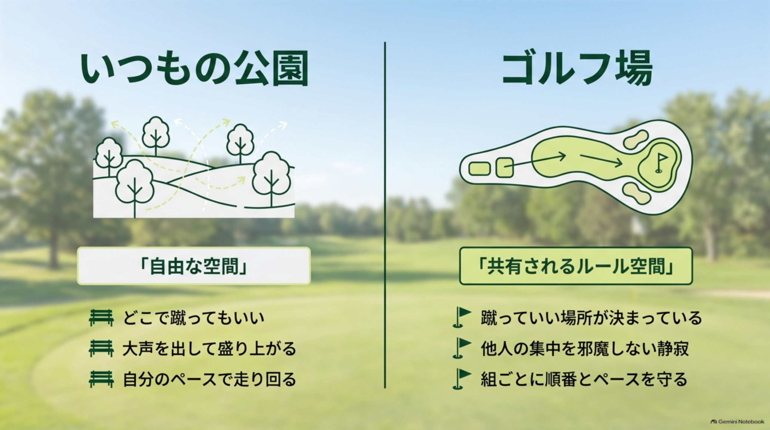 いつもの公園は「自由な空間」でどこで蹴ってもいい、大声を出して盛り上がる、自分のペースで走り回る。ゴルフ場は「共有されるルール空間」で蹴っていい場所が決まっている、他人の集中を邪魔しない静寂、組ごとに順番とペースを守るという比較図解
