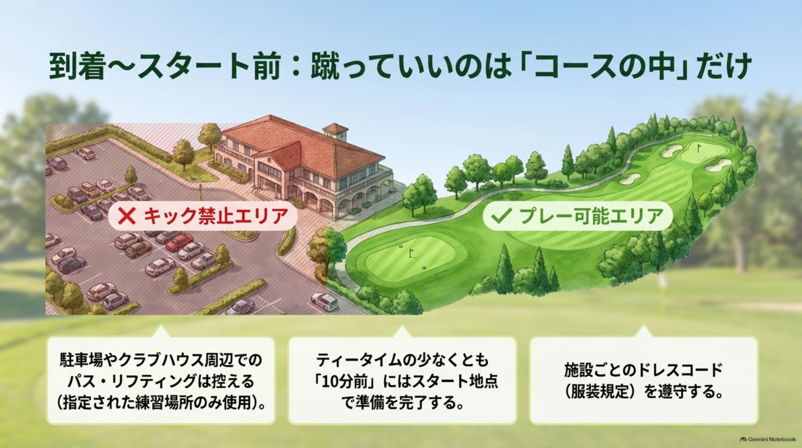 到着からスタート前：蹴っていいのは「コースの中」だけ。駐車場やクラブハウス周辺はキック禁止エリア、指定された練習場所のみ使用。ティータイムの少なくとも10分前にはスタート地点で準備を完了する。施設ごとのドレスコードを遵守するという図解