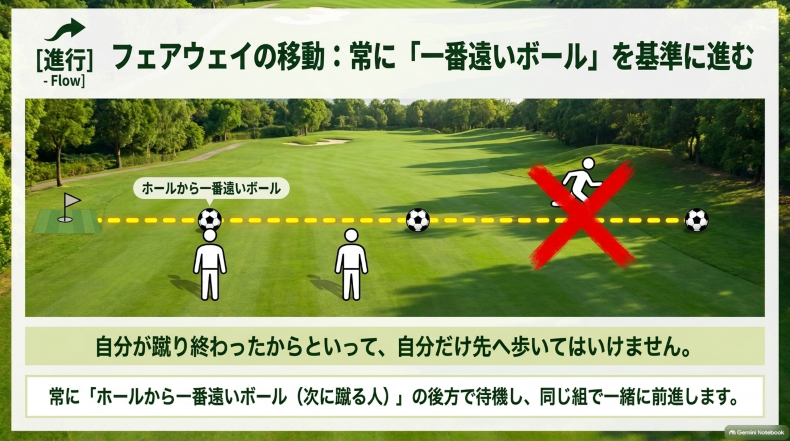 フェアウェイの移動：常に「一番遠いボール」を基準に進む。自分が蹴り終わったからといって自分だけ先へ歩いてはいけない。常に「ホールから一番遠いボール（次に蹴る人）」の後方で待機し、同じ組で一緒に前進するという図解