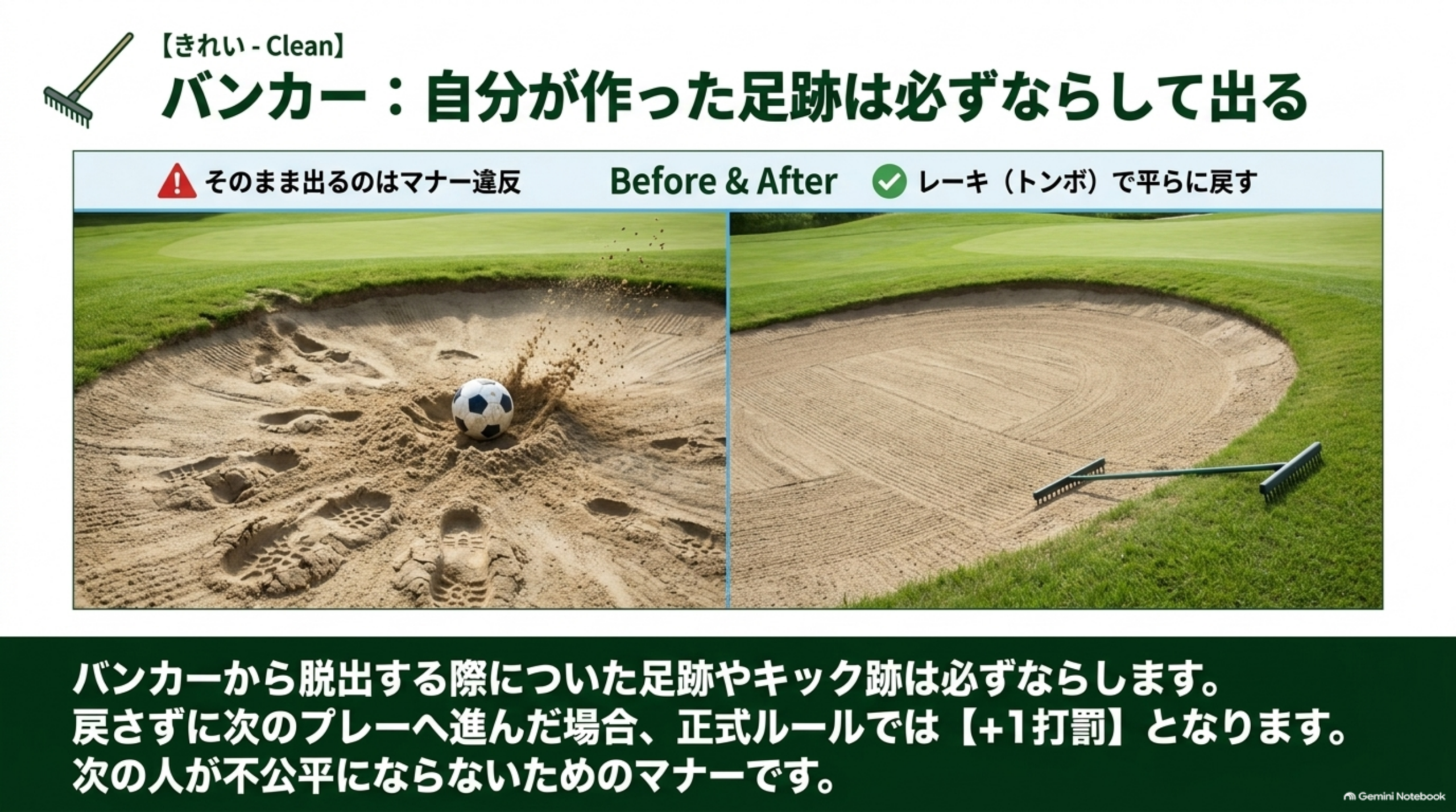 バンカー：自分が作った足跡は必ずならして出る。そのまま出るのはマナー違反。レーキ（トンボ）で平らに戻す。バンカーから脱出する際についた足跡やキック跡は必ずならす。戻さずに次のプレーへ進んだ場合、正式ルールでは+1打罰となるという図解