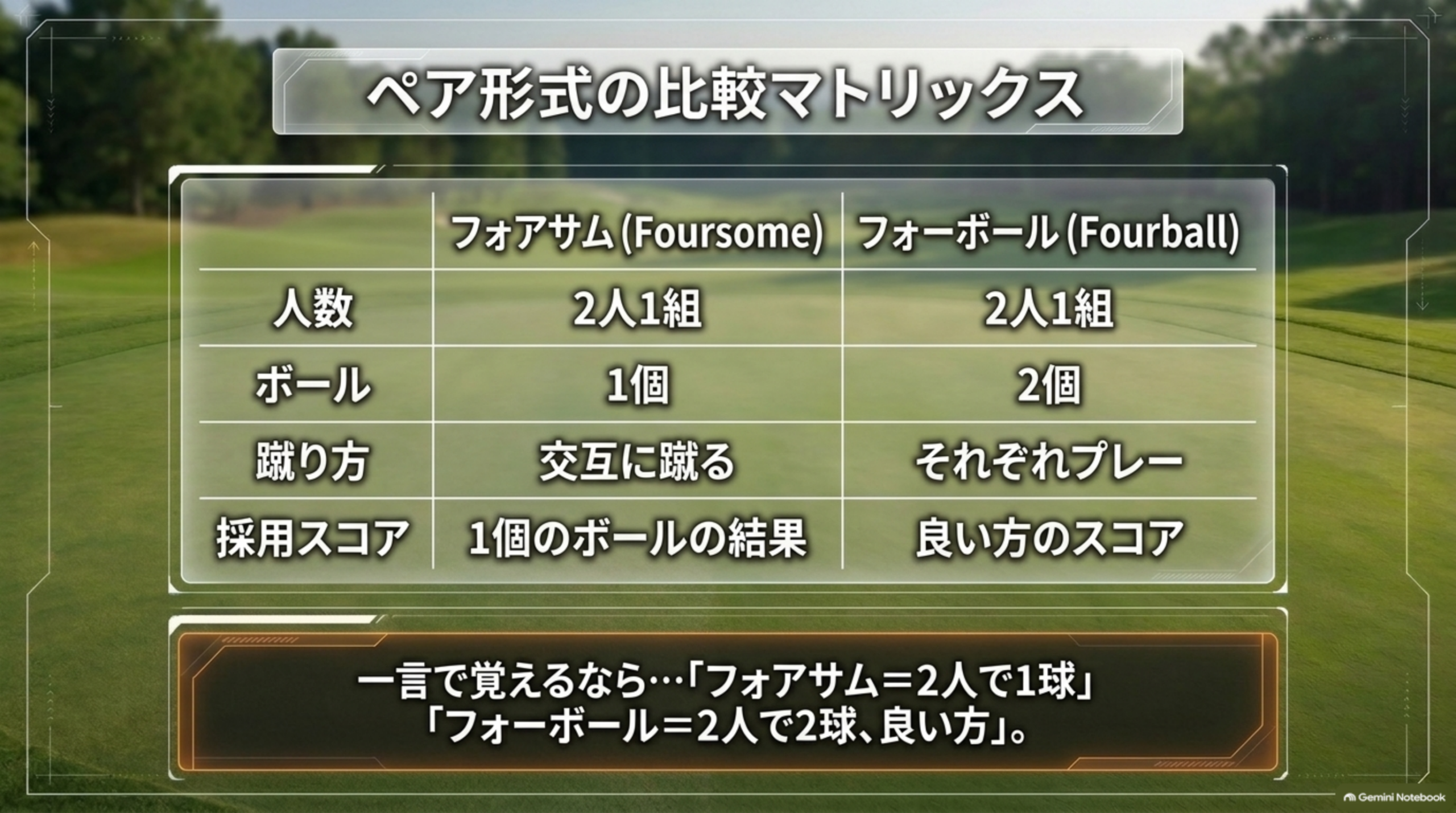 ペア形式の比較。フォアサムは2人1組でボール1個を交互に蹴る。フォーボールは2人1組でボール2個、それぞれプレーして良い方のスコアを採用