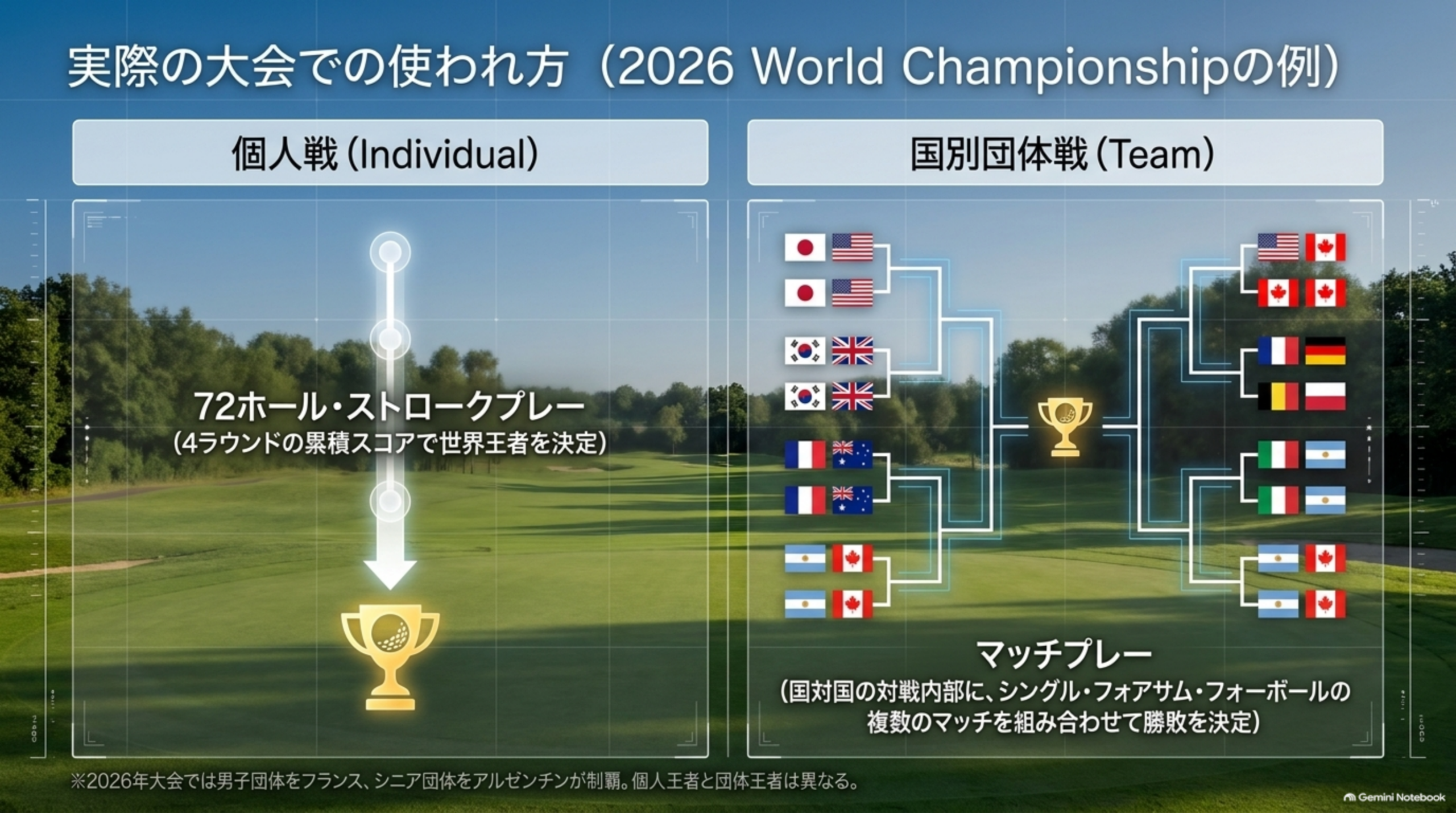 実際の大会での使われ方（2026 World Championshipの例）。個人戦は72ホール・ストロークプレー。国別団体戦はマッチプレーで、シングル・フォアサム・フォーボールの複数のマッチを組み合わせる