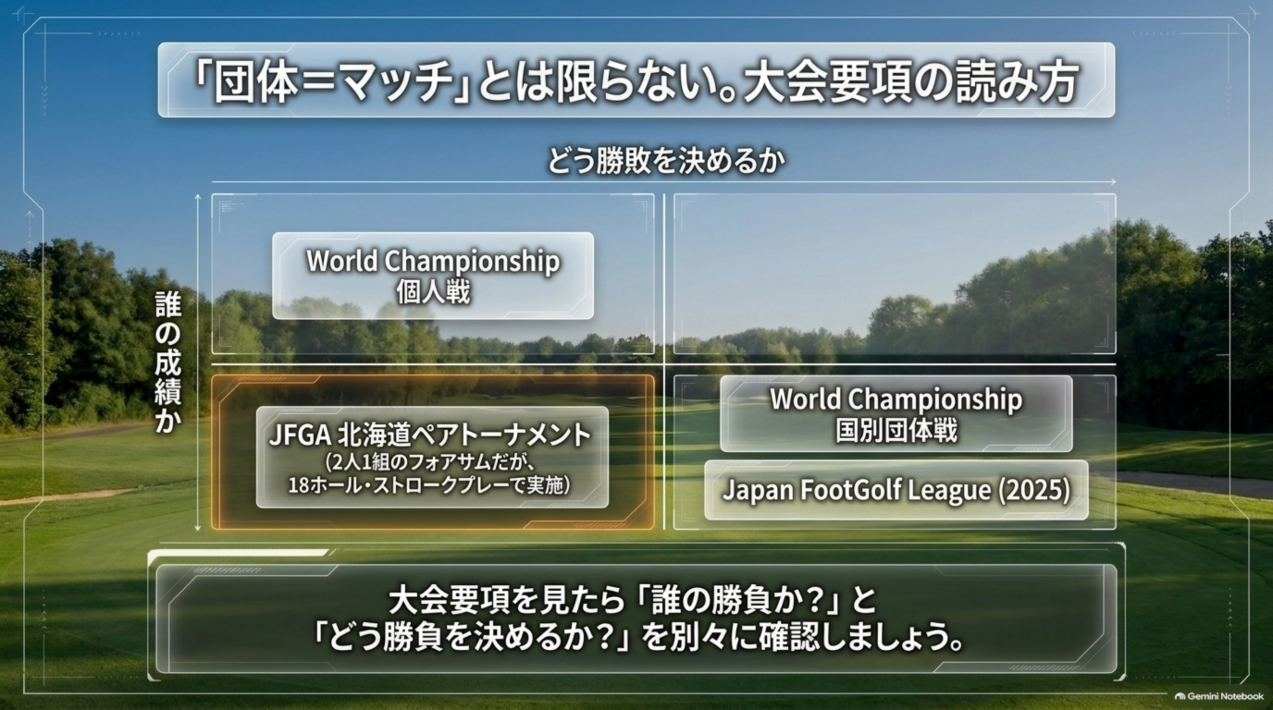 団体＝マッチとは限らない。World Championship個人戦は個人×ストローク、JFGA北海道ペアトーナメントはペア×ストローク、World Championship国別団体戦とJapan FootGolf League（2025）は団体×マッチ
